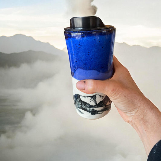 Large Travel Mug with Locking Lid Embellished with Mountains - Stylish and Secure Pottery for Nature-Loving Adventures