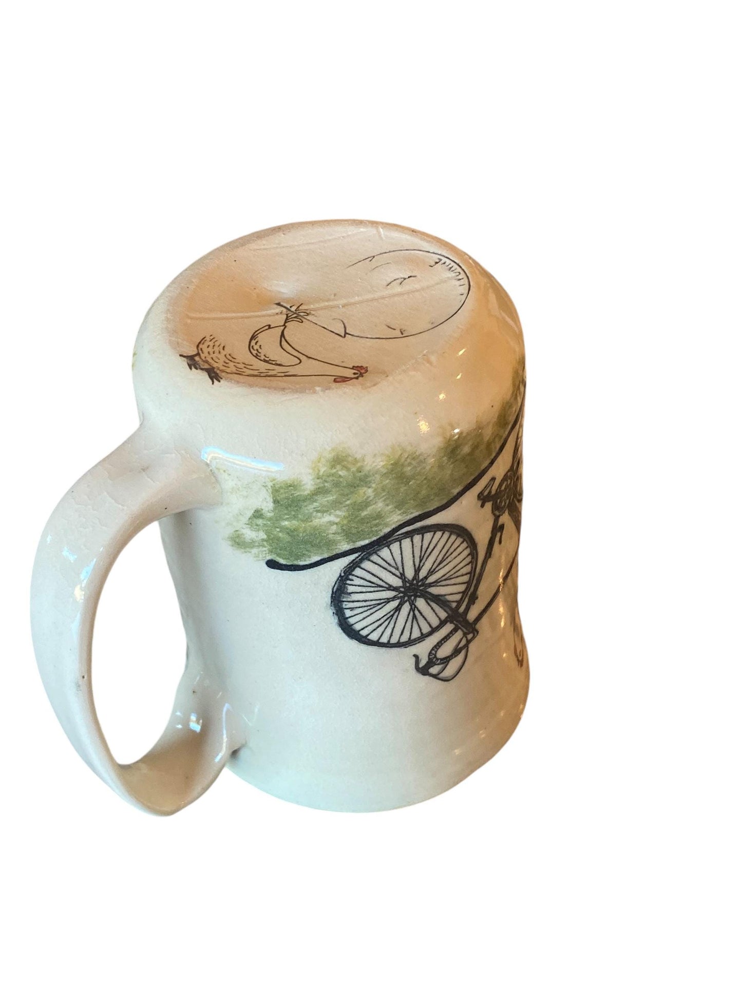 Large Handmade Mug with Chicken Riding a Bike - Unique Pottery Coffee Mug