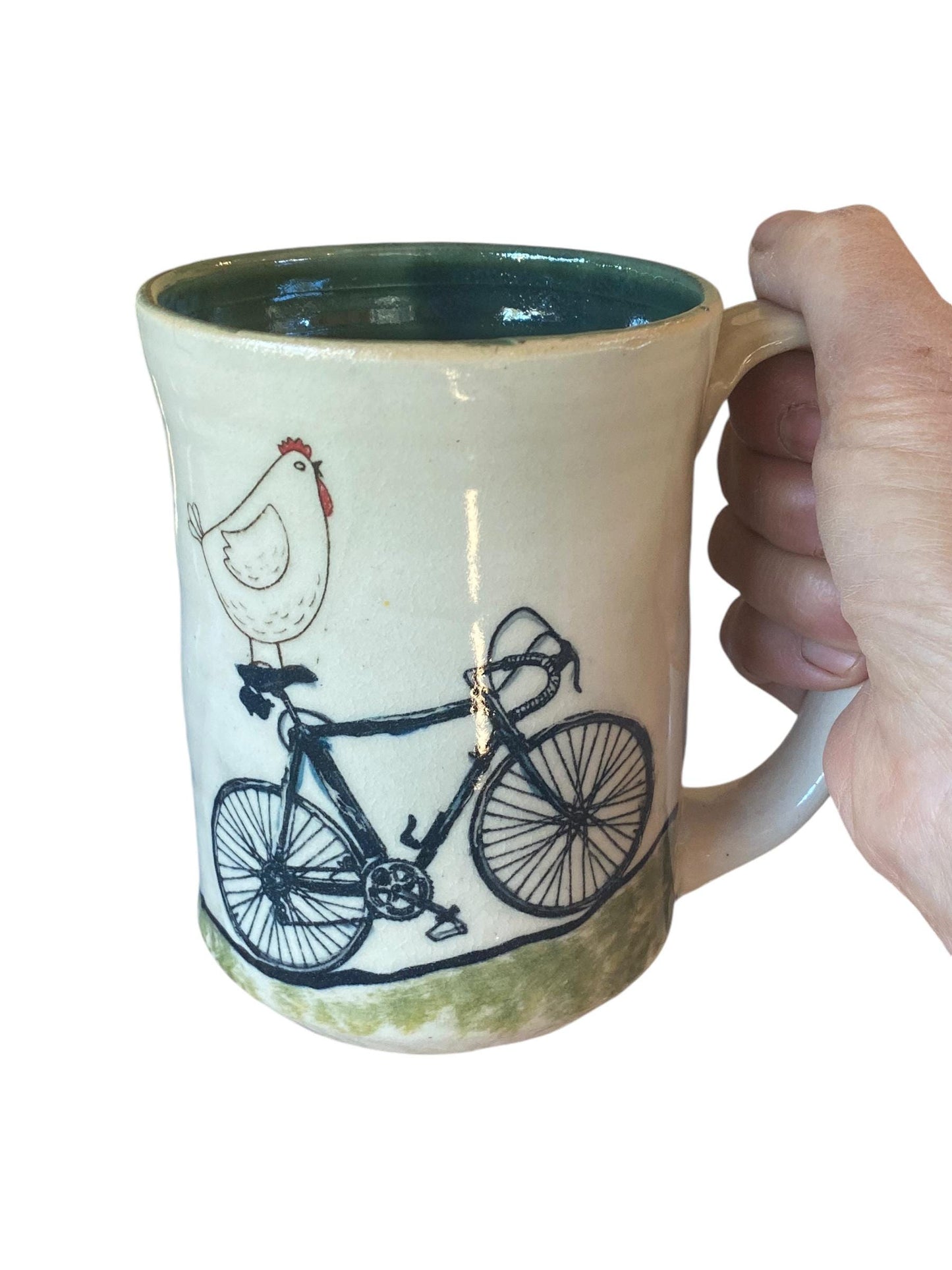 Large Handmade Mug with Chicken Riding a Bike - Unique Pottery Coffee Mug