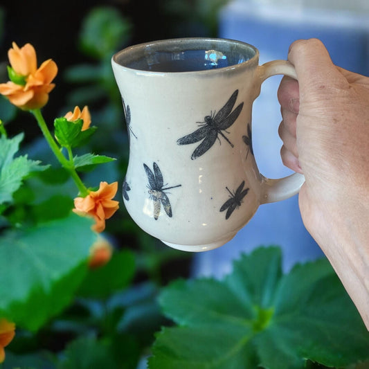 Large Handmade Mug with Dragonflies - Unique 18 Ounce Pottery Coffee Mug