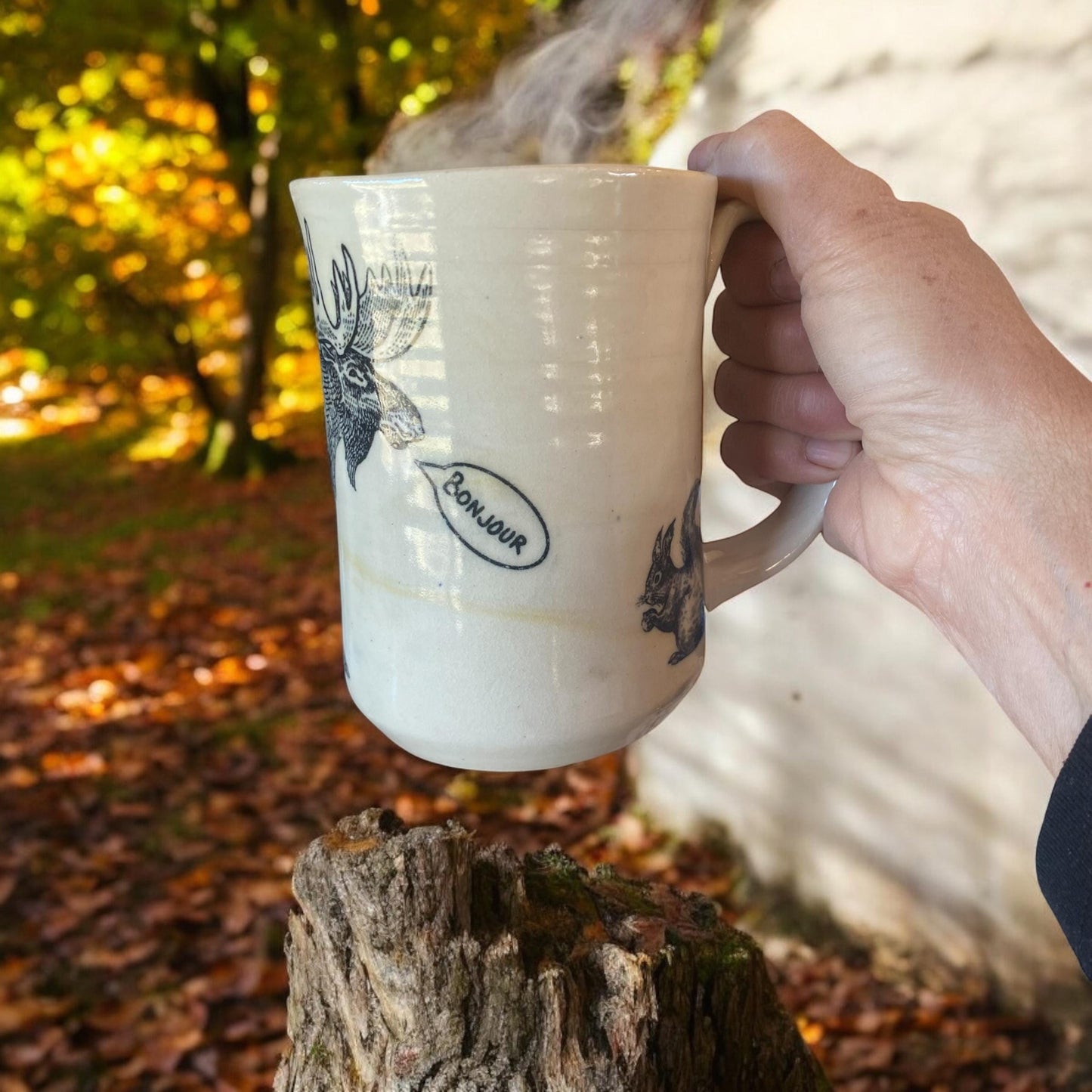 Large Handmade Mug with A Moose and Squirrel- Unique 18 Ounce Pottery Coffee Mug