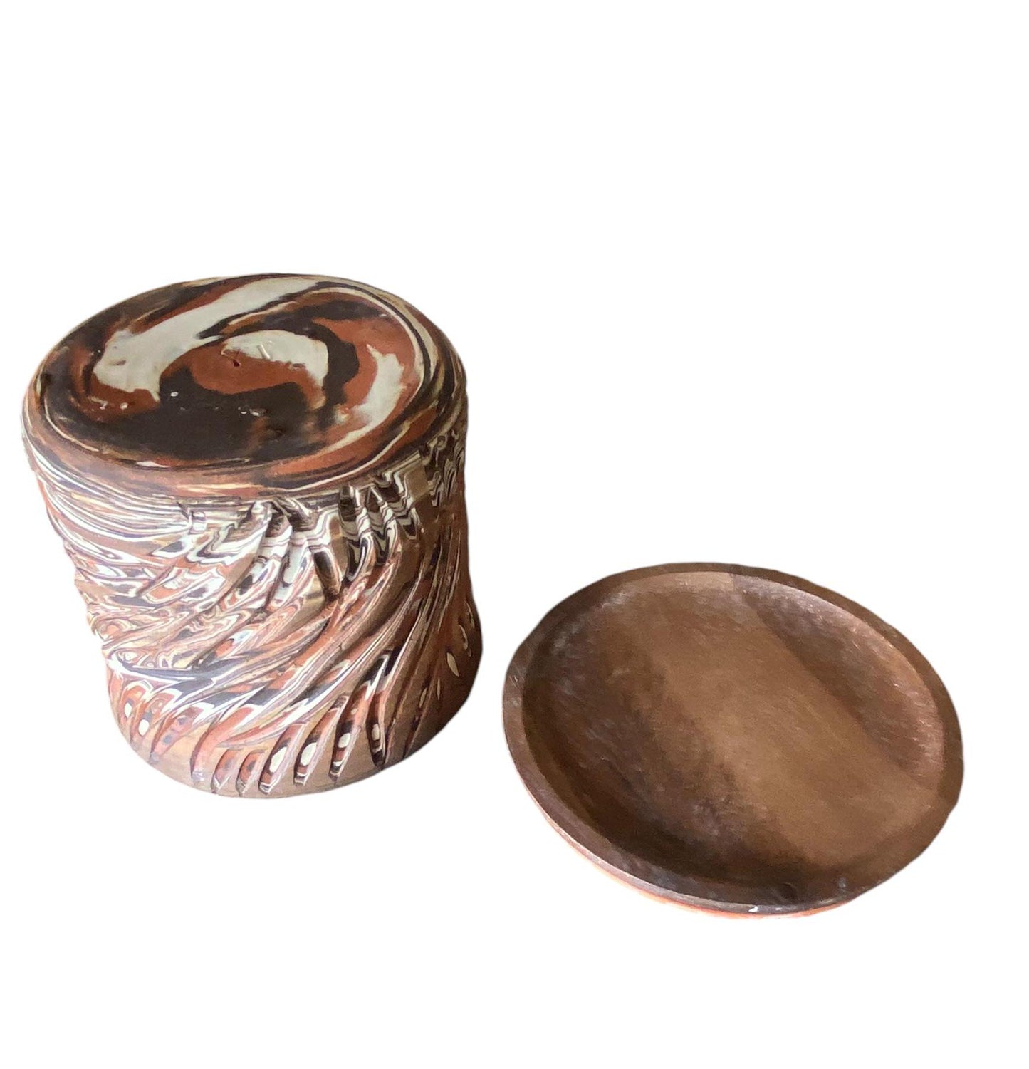 Artisan-Crafted Agateware Lidded Jar with Wood Lid - 2 Cup Capacity: Handmade Pottery Canister for Unique Home Decor and Storage Solutions