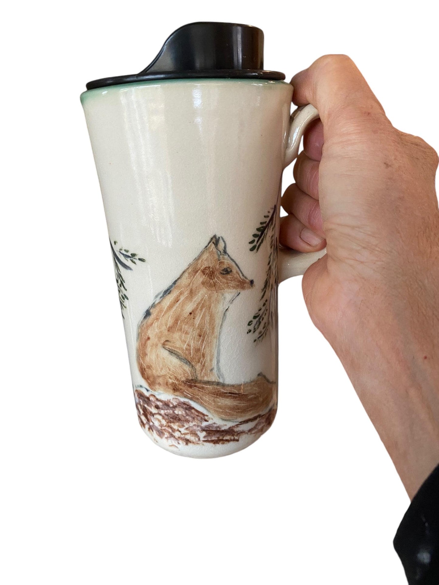 Handmade Handpainted Travel Mug with  Red Fox -  Mug - Pottery Mug -  Coffee Mug