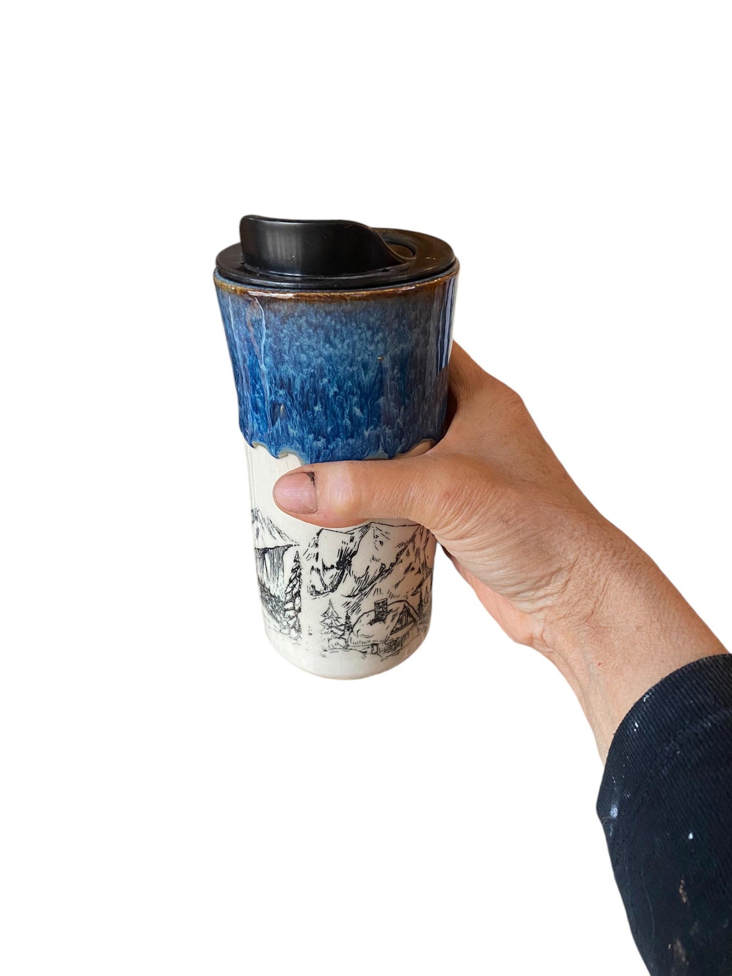 Large Travel Mug with Locking Lid Embellished with Pine Trees - Stylish and Secure Pottery for Nature-Loving Adventures