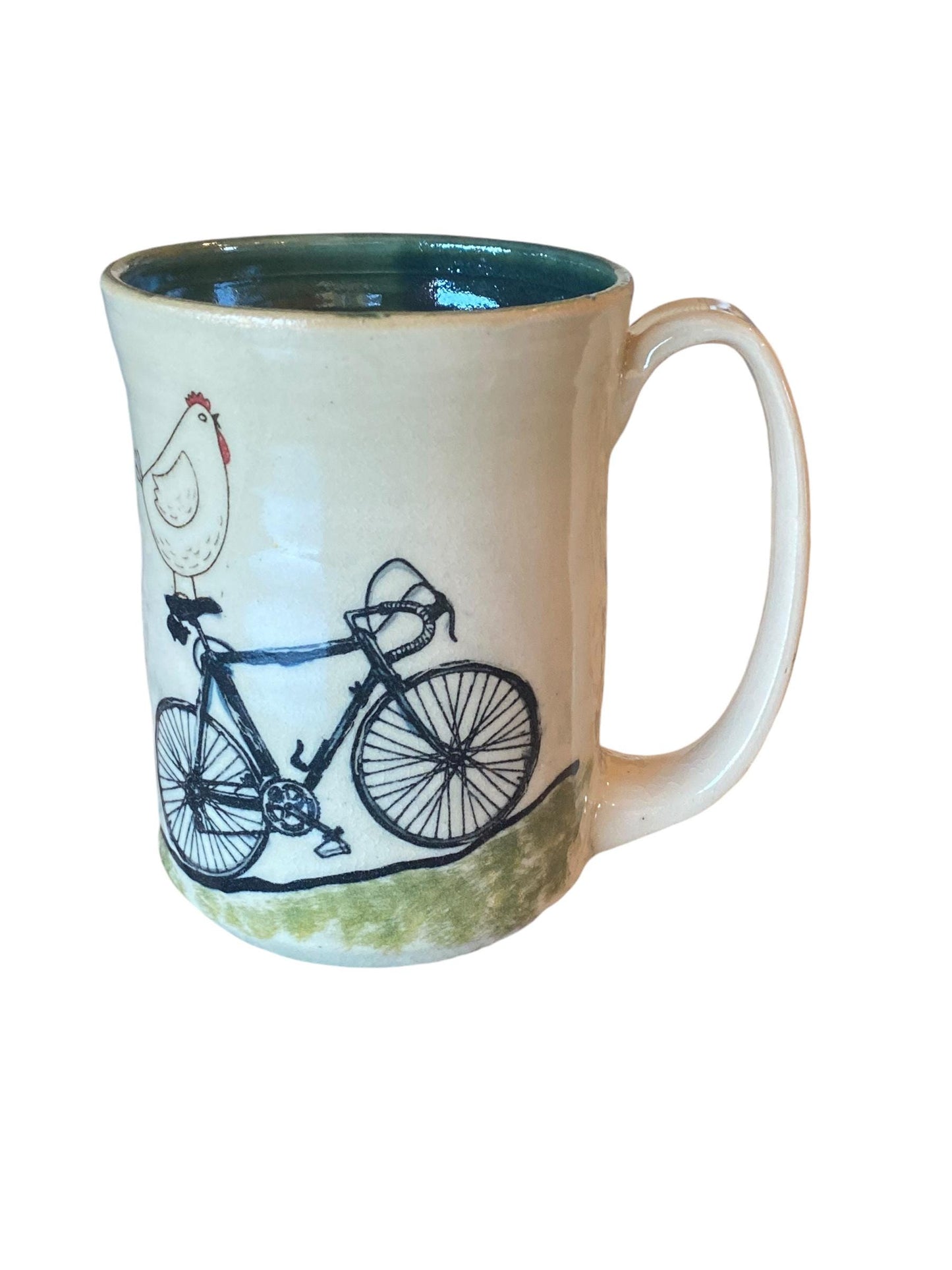 Large Handmade Mug with Chicken Riding a Bike - Unique Pottery Coffee Mug