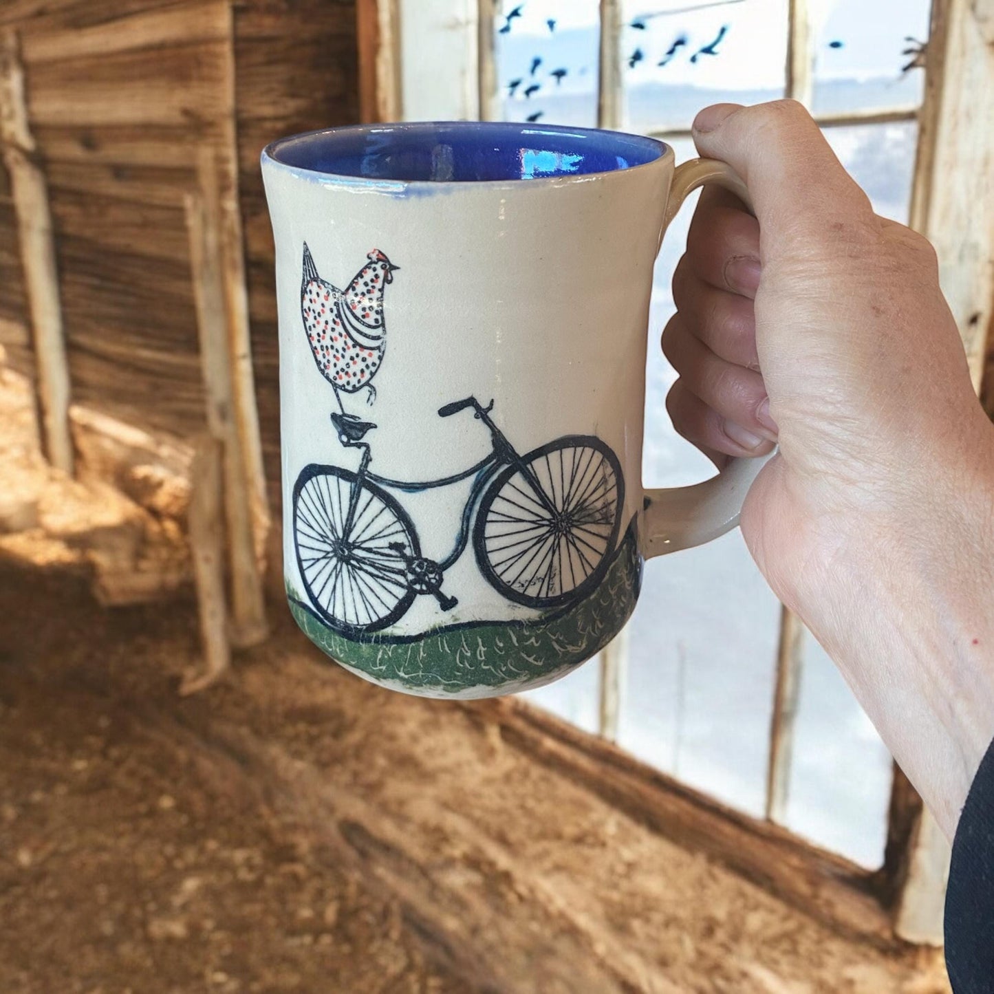 Large Handmade Mug with Chicken Riding a Bike - Unique Pottery Coffee Mug