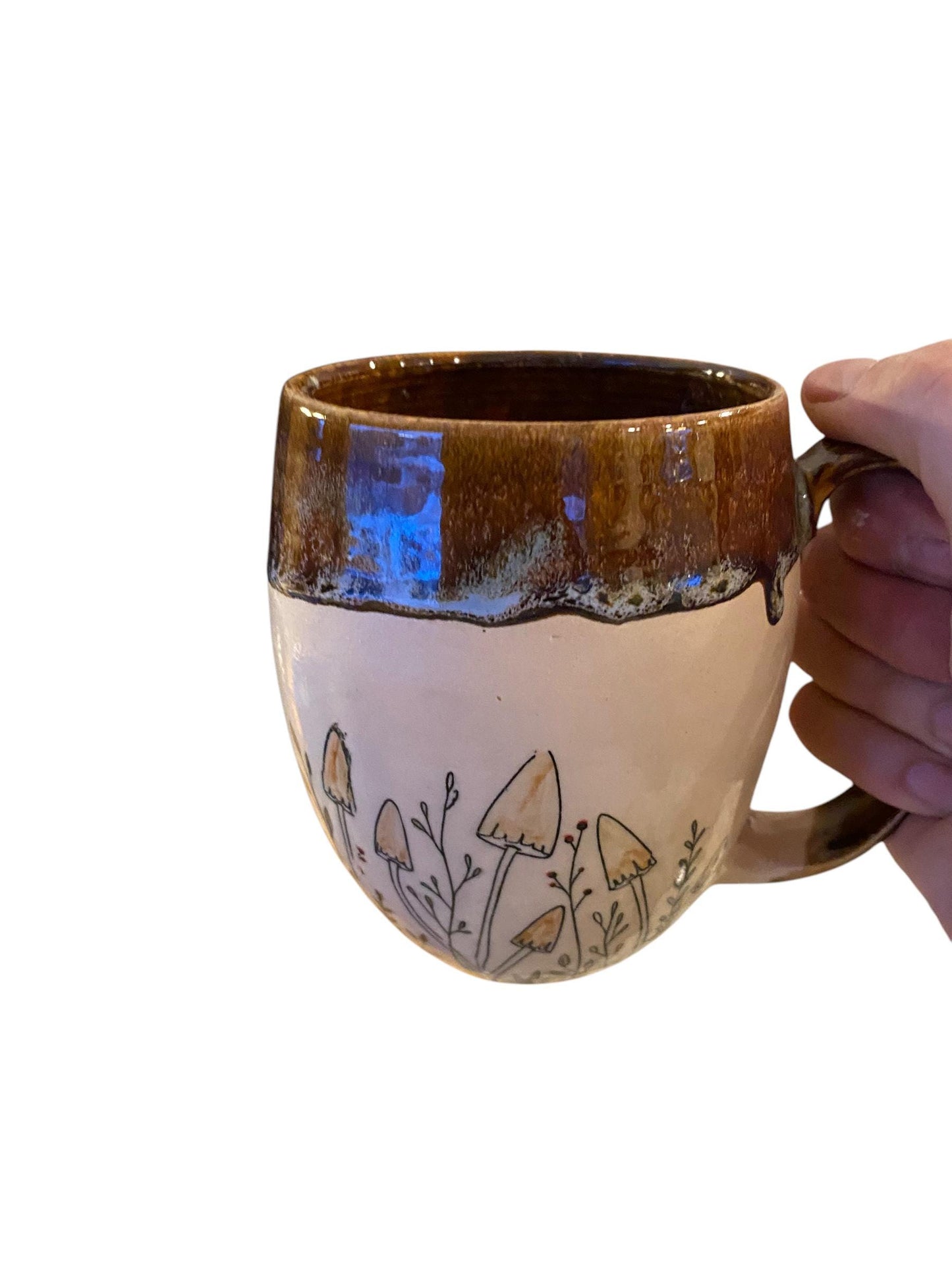 Large Handmade Mug - 18 ounce - with a Cluster of Mushrooms - Unique Pottery Coffee Mug