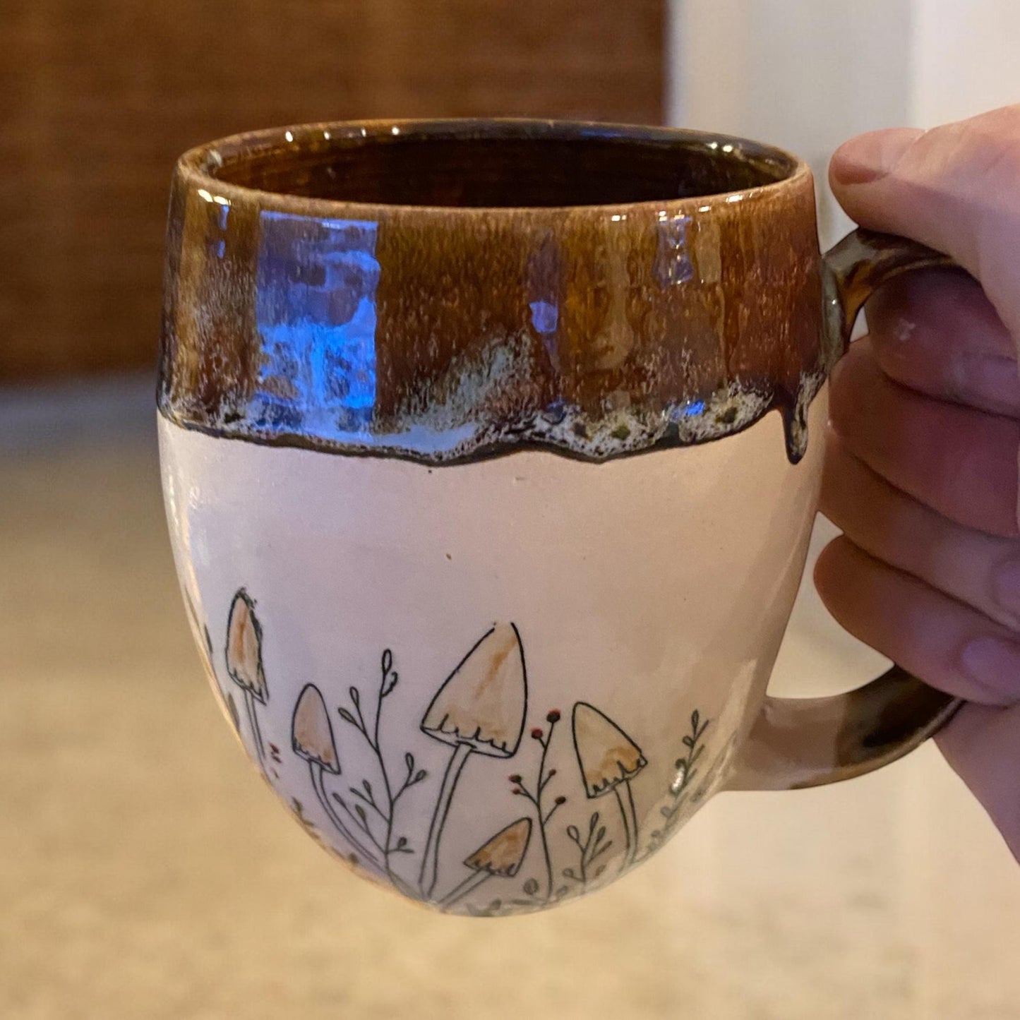 Large Handmade Mug - 18 ounce - with a Cluster of Mushrooms - Unique Pottery Coffee Mug