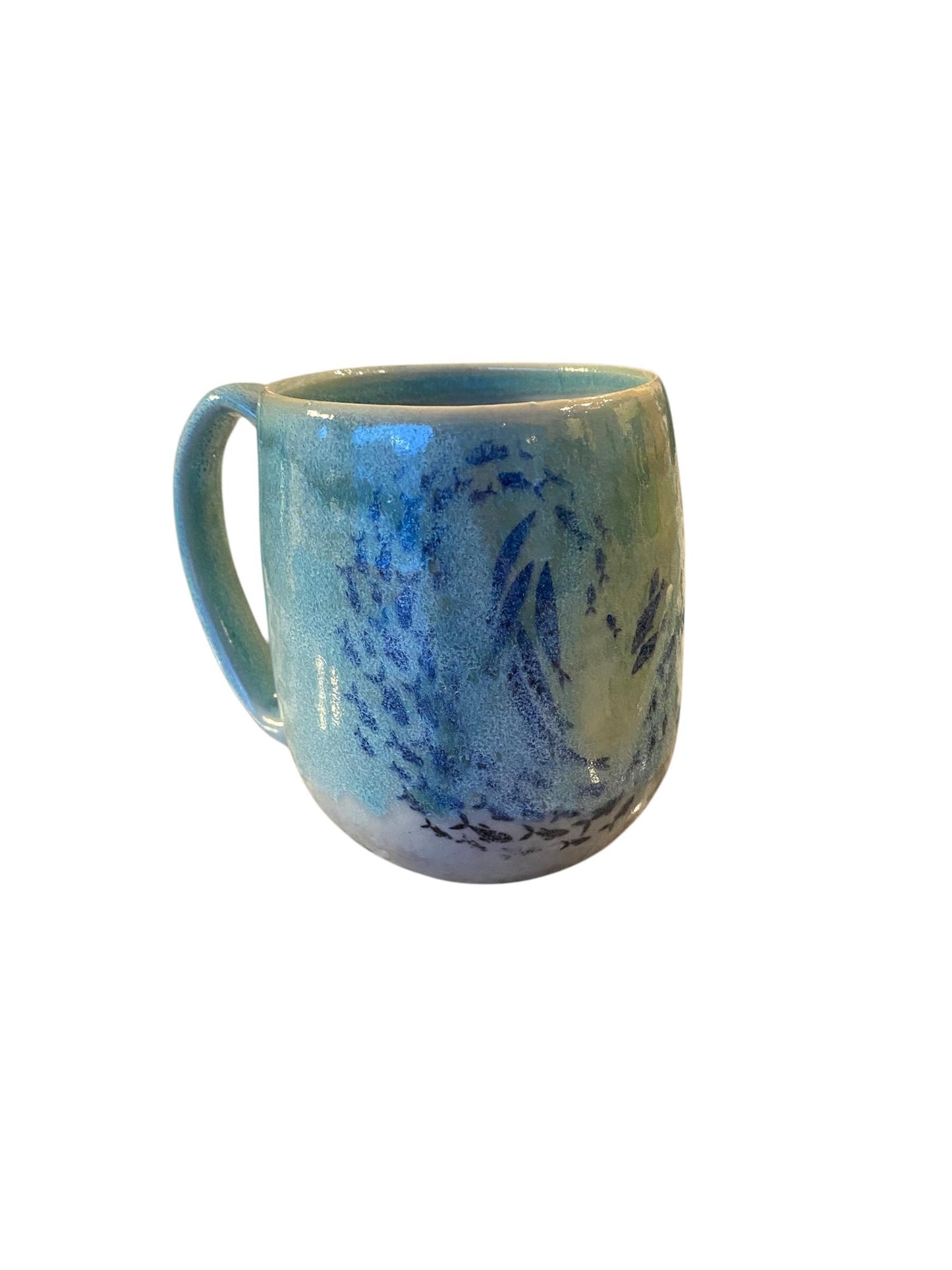 Large Handmade Mug Embellished with Fish floating in a Turquoise Glaze - 18 Ounce Unique Pottery Coffee Mug