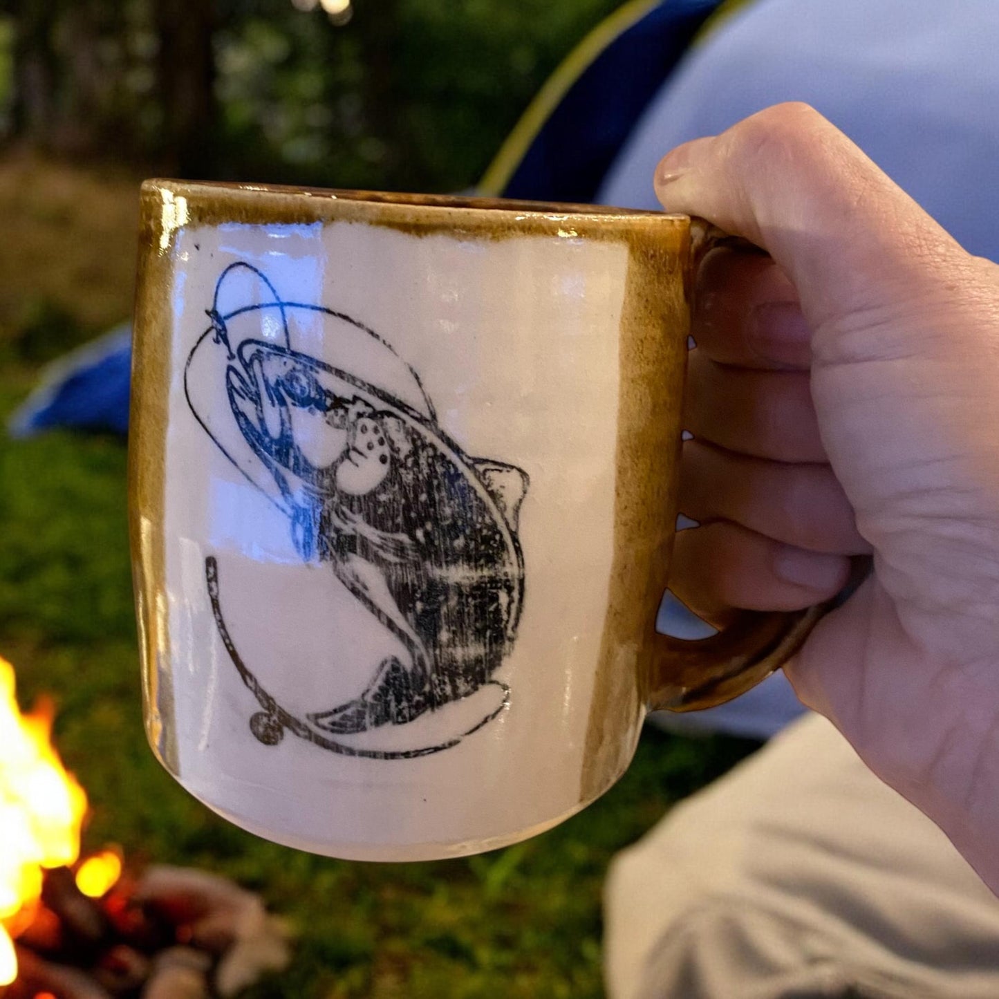 Large 16-Ounce Mug with A Fish, Surrounded with a Bronze Glaze - Rustic Mug