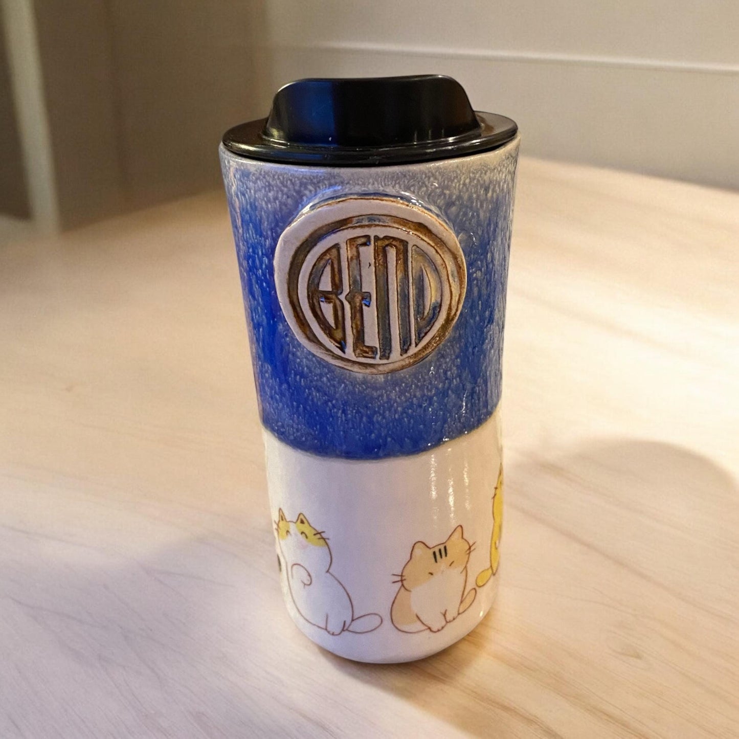 Handmade16 - Ounce Travel Mug With Bend Logo and Playful Cats - Travel Mug - Pottery Mug -  Coffee Mug