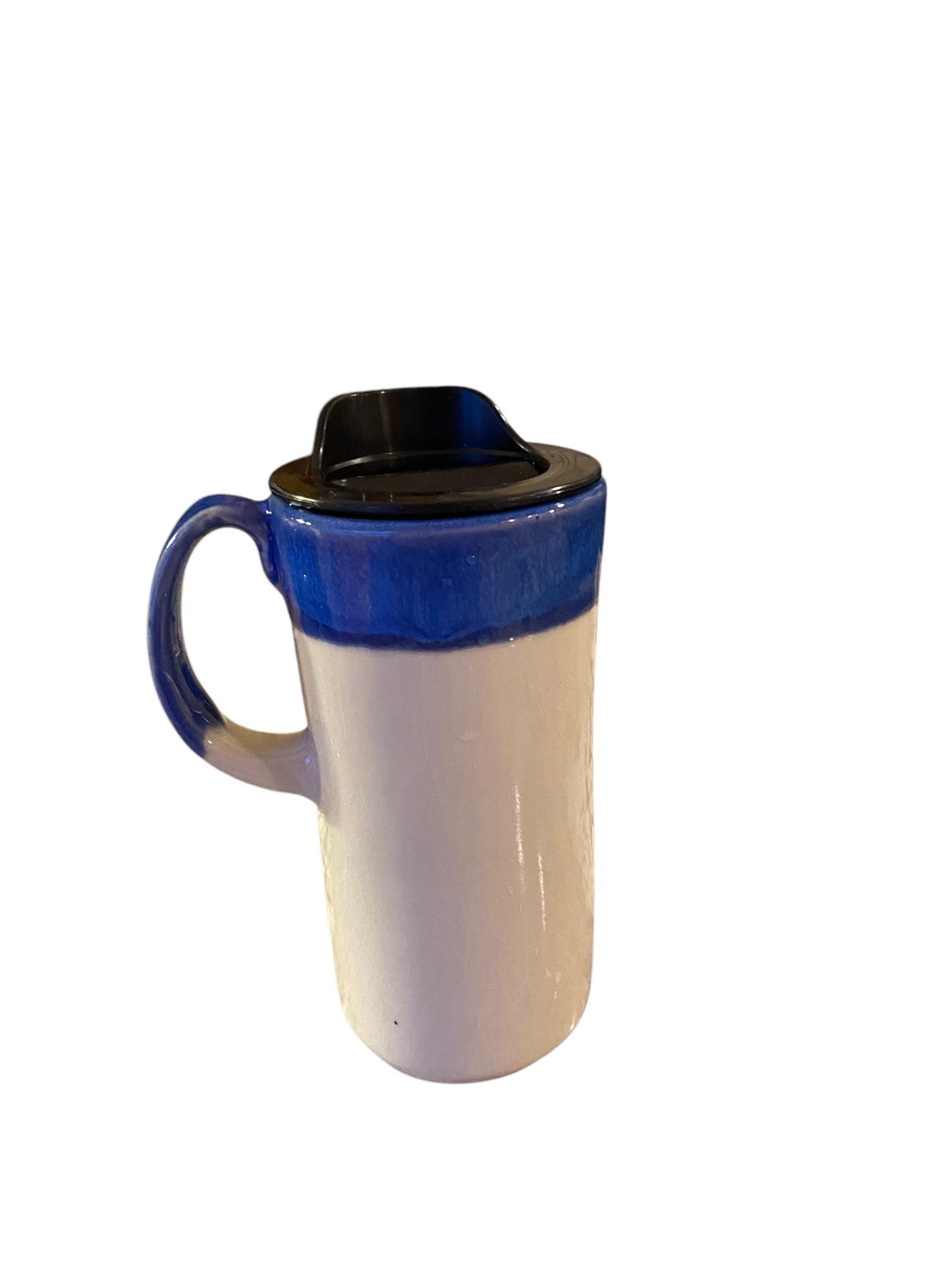 Reactive Blue Glaze 16 -Ounce Travel Mug With Locking Lid Embellished with A Bird Riding a Bike With  - Unique Pottery Mug