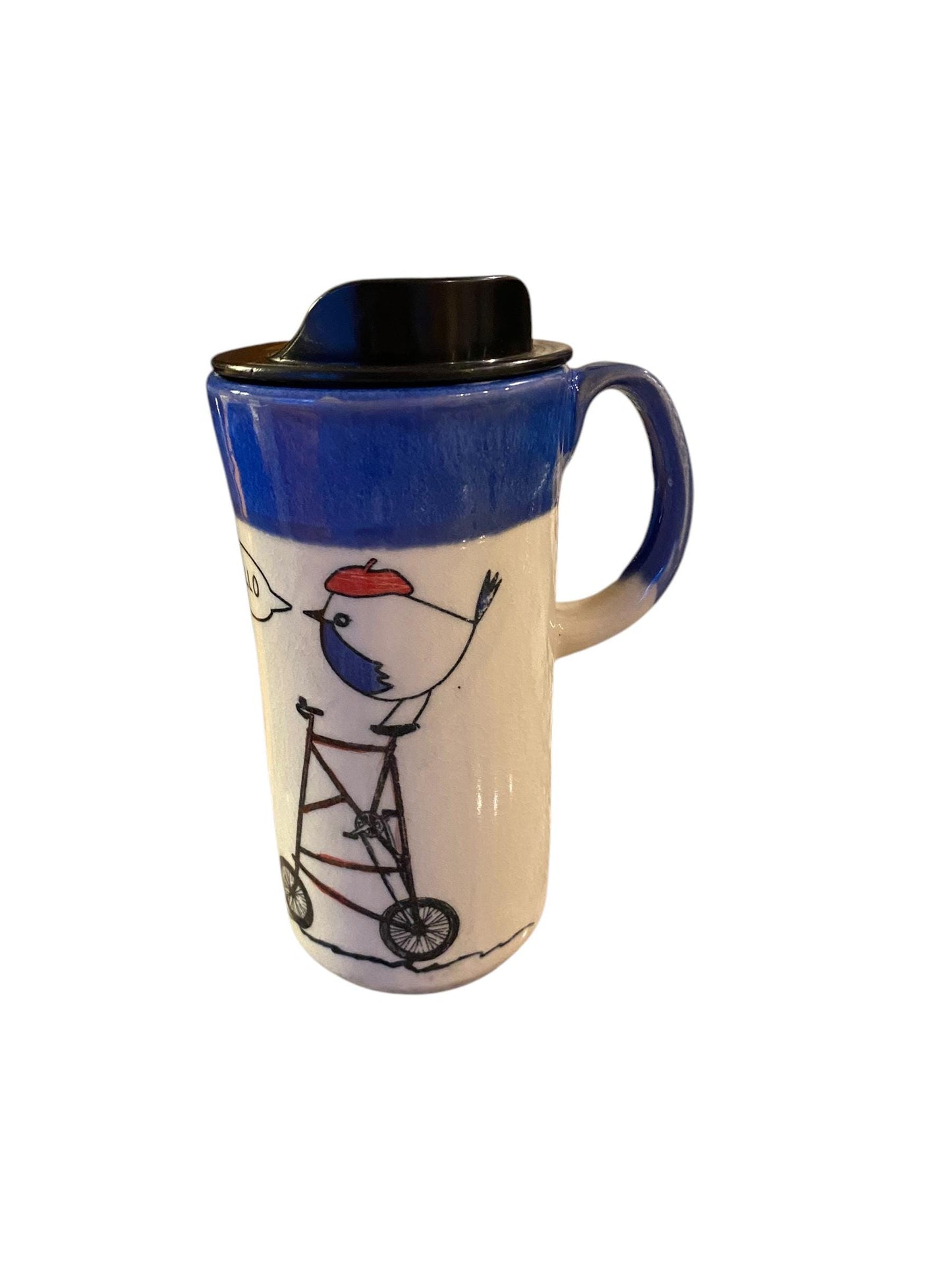 Reactive Blue Glaze 16 -Ounce Travel Mug With Locking Lid Embellished with A Bird Riding a Bike With  - Unique Pottery Mug