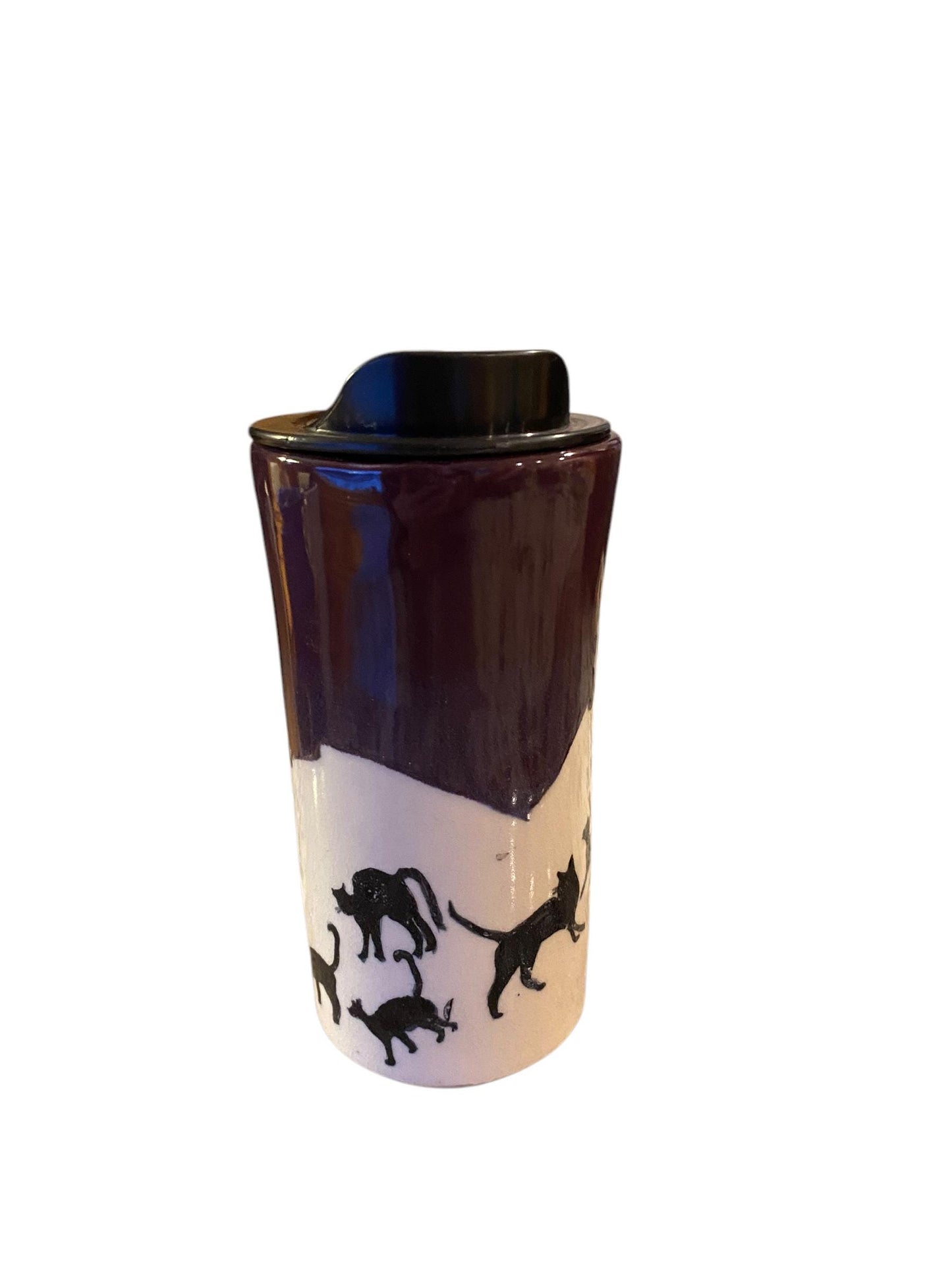 Handmade16 - Ounce Purple Travel Mug With Black Cats - Travel Mug - Pottery Mug -  Coffee Mug