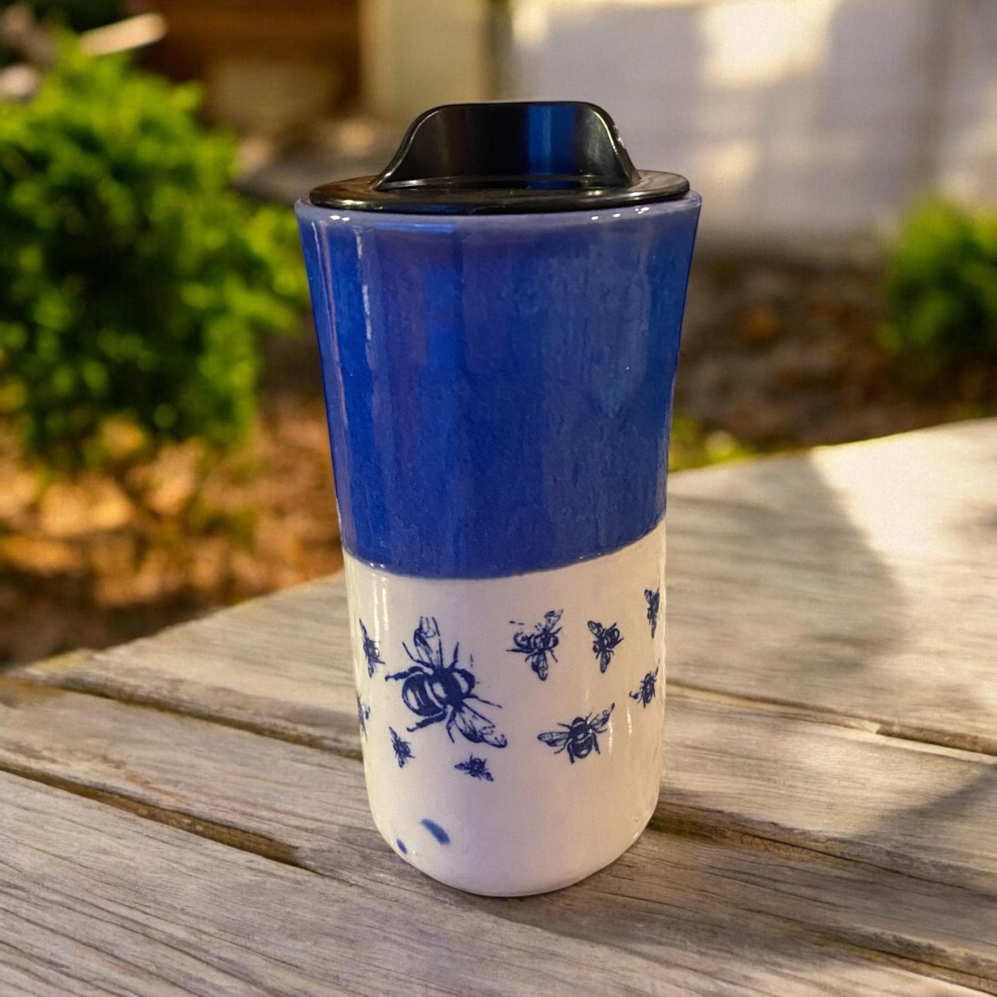 Handmade16 - Ounce Travel Mug With Bees - Travel Mug - Pottery Mug -  Coffee Mug