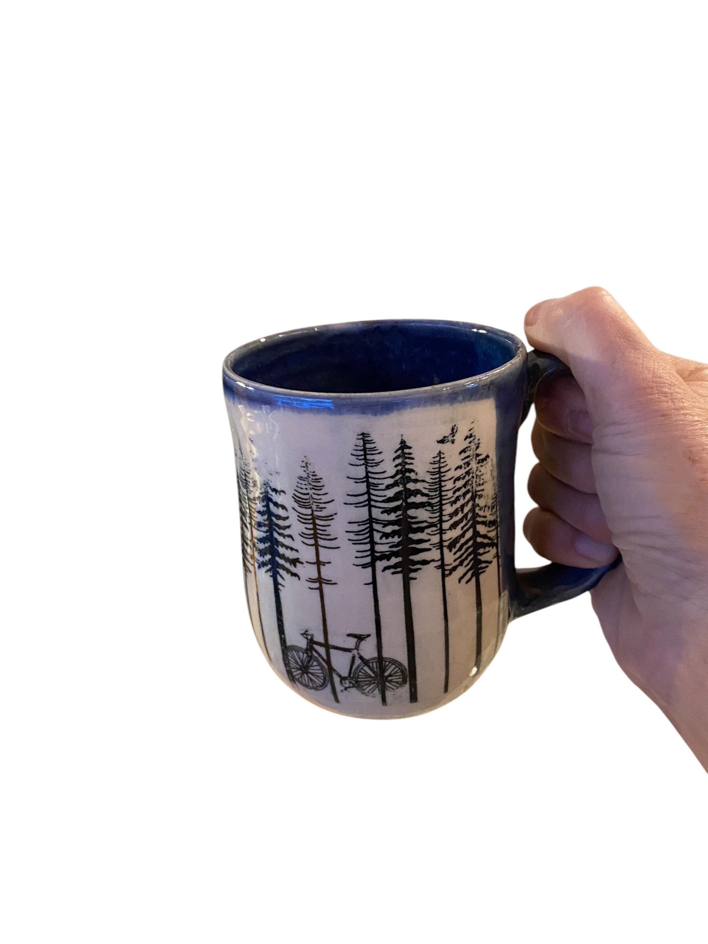 Large 16-Ounce Mug with Tree and Bike Design, and Blue Glaze