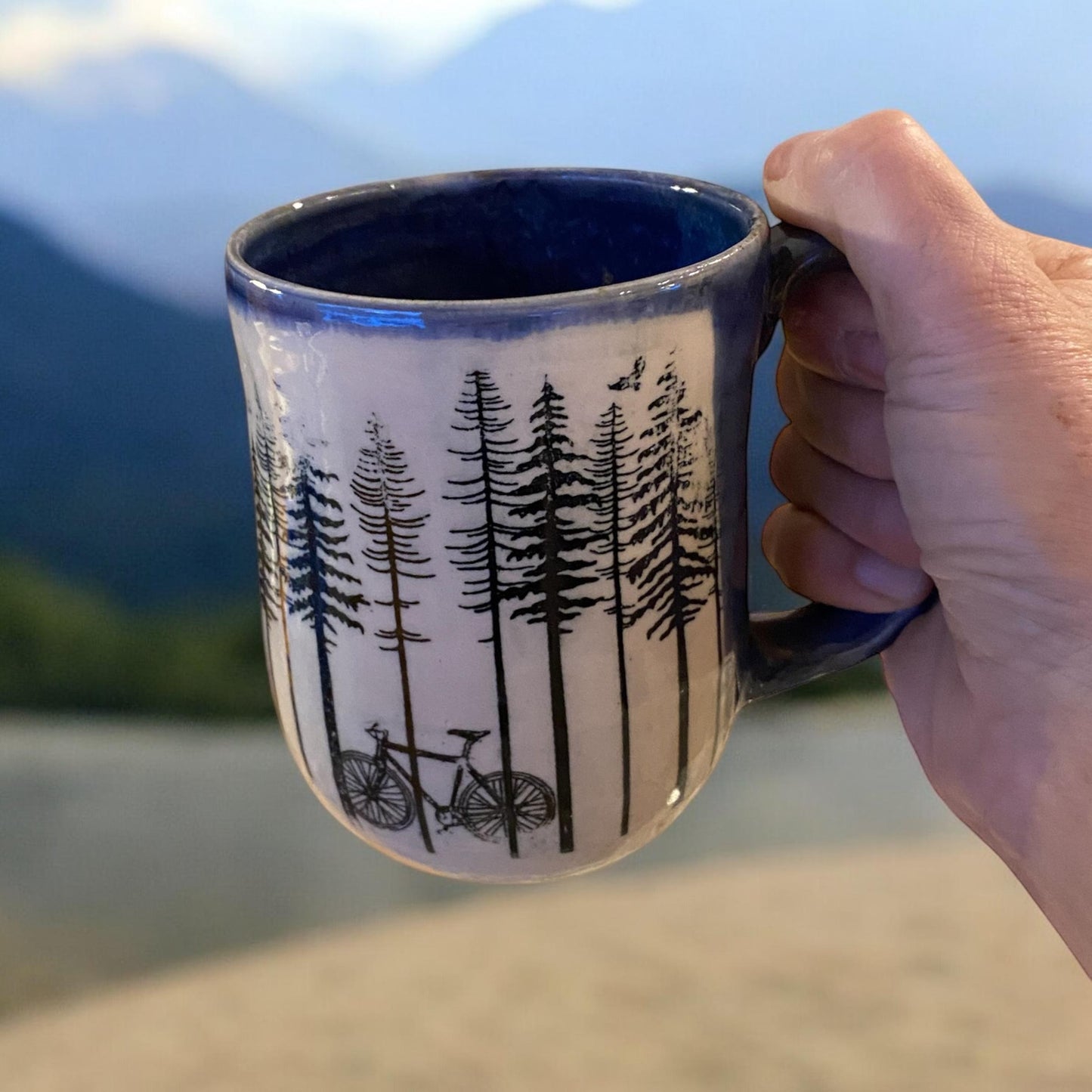 Large 16-Ounce Mug with Tree and Bike Design, and Blue Glaze