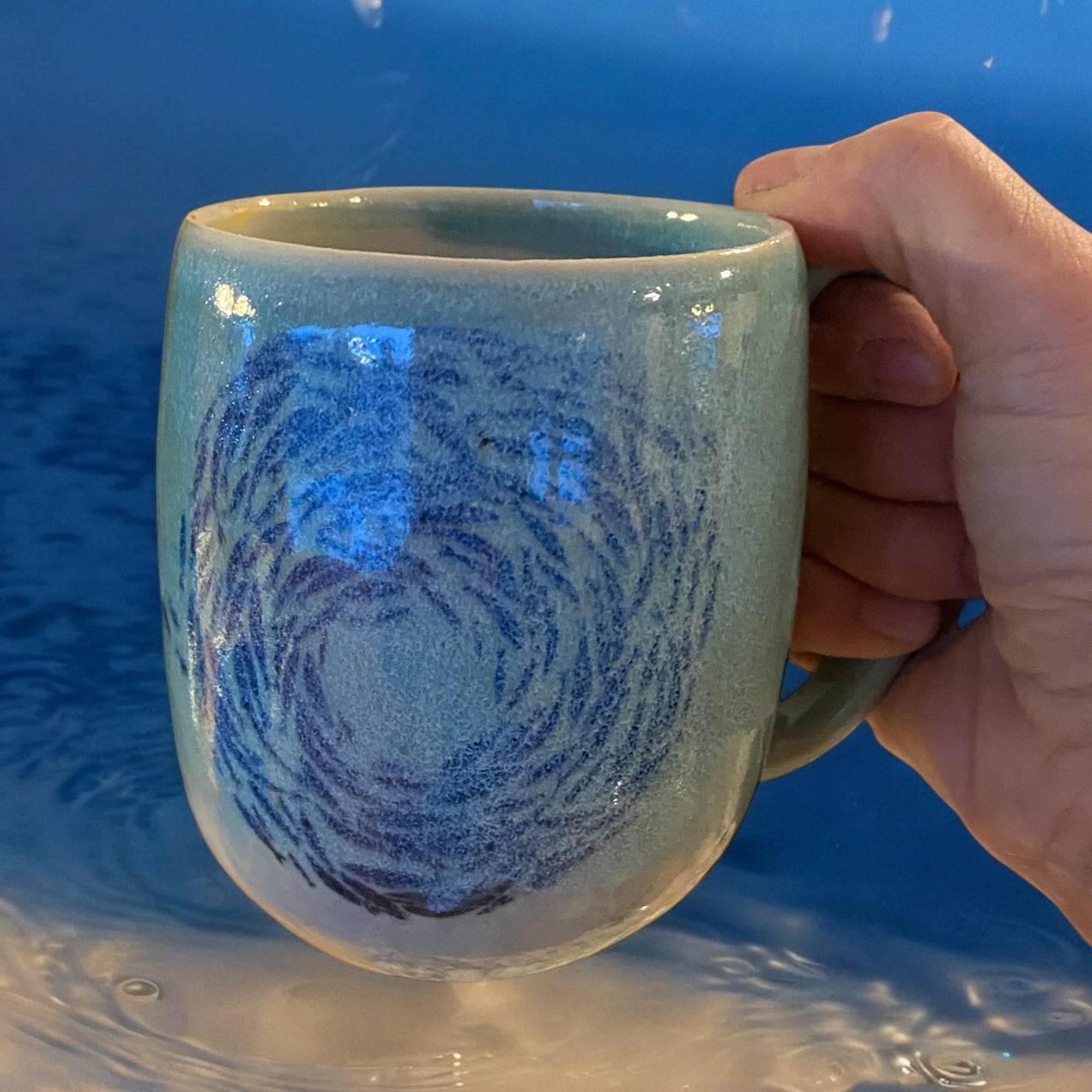 Large Handmade Mug Embellished with Fish floating in a Turquoise Glaze - 18 Ounce Unique Pottery Coffee Mug