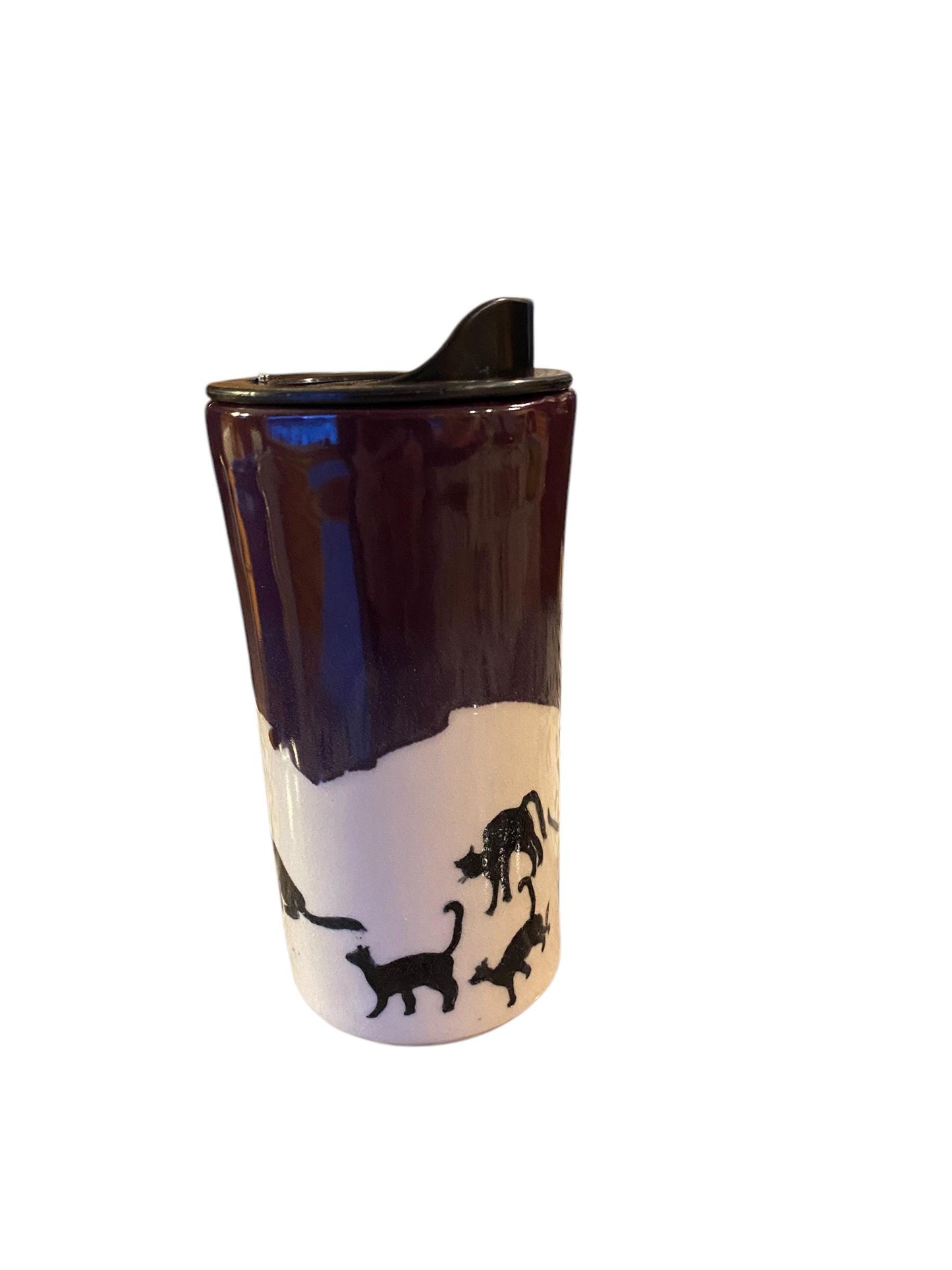 Handmade16 - Ounce Purple Travel Mug With Black Cats - Travel Mug - Pottery Mug -  Coffee Mug