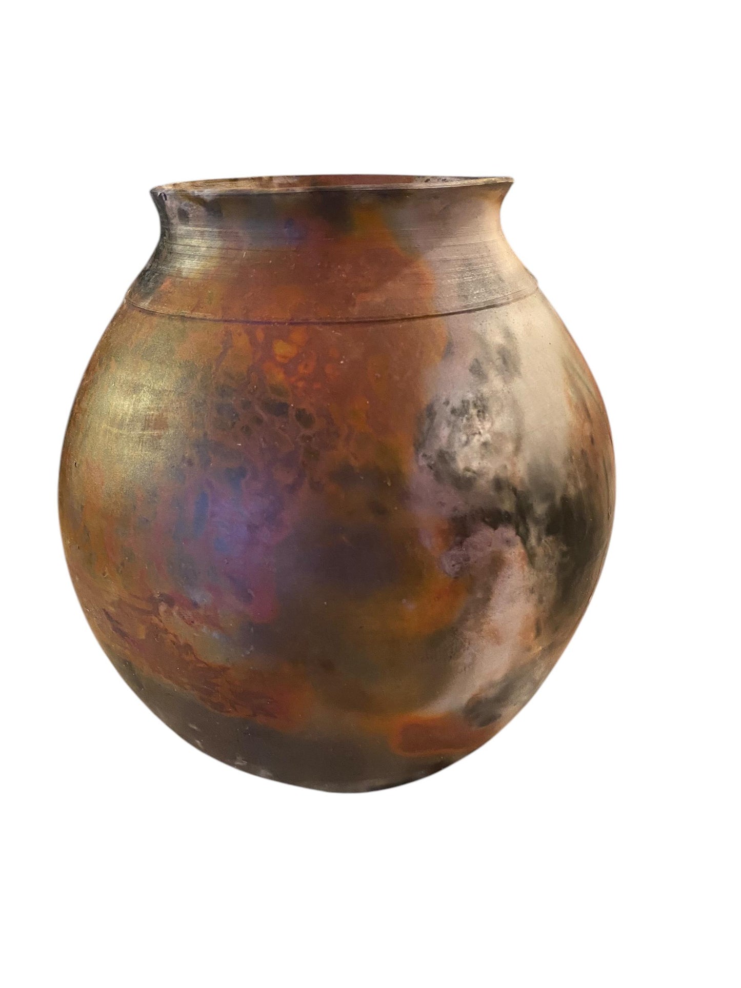 Large Hand-Thrown Pitfired Vase With Coppers, Black, and Blues - Alternative Fired Pottery