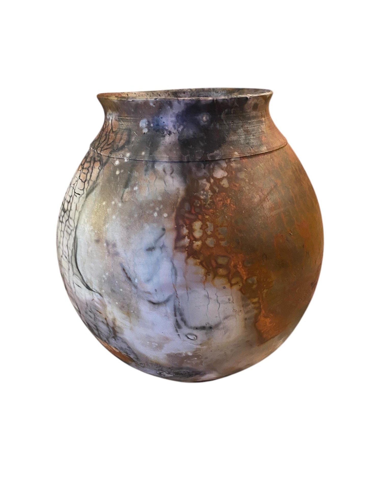 Large Hand-Thrown Pitfired Vase With Coppers, Black, and Blues - Alternative Fired Pottery