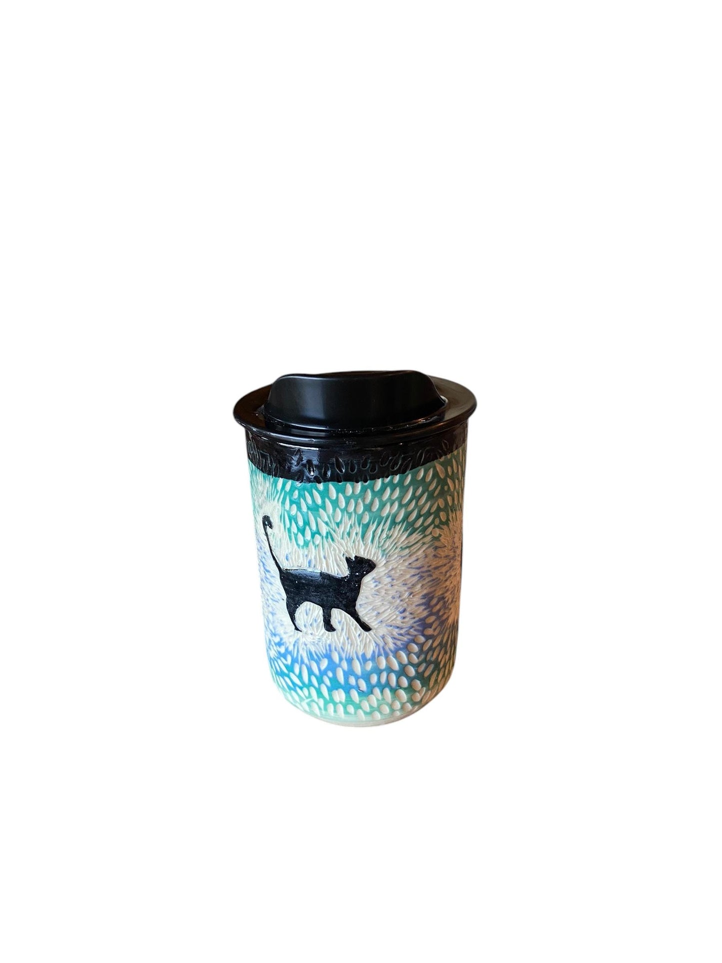 Handmade 8 Ounce Carved Cat Themed Travel Mug - Porcelain -  Travel Coffee Cup -  Travel Mug - Pottery Mug - Coffee Mug