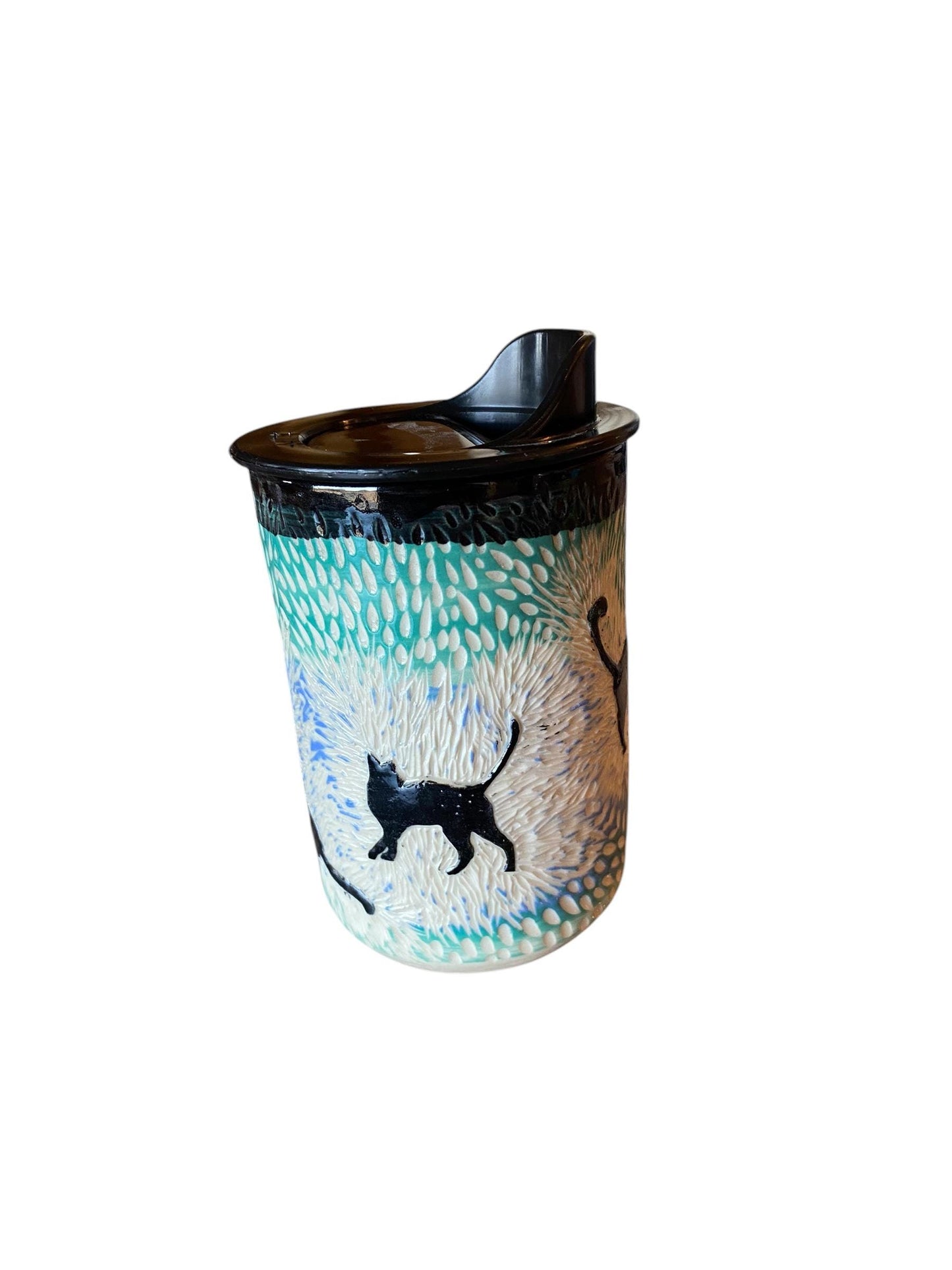 Handmade 8 Ounce Carved Cat Themed Travel Mug - Porcelain -  Travel Coffee Cup -  Travel Mug - Pottery Mug - Coffee Mug