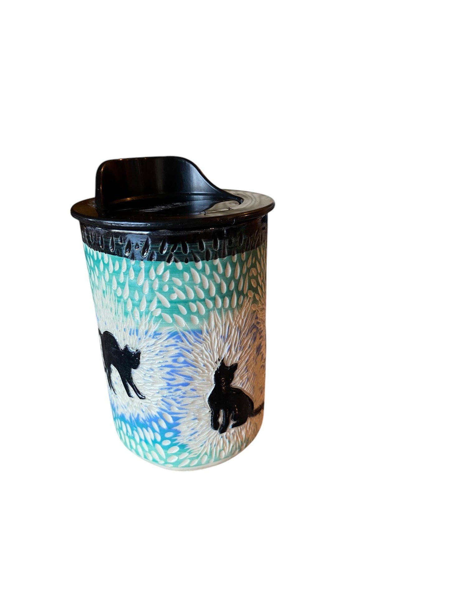 Handmade 8 Ounce Carved Cat Themed Travel Mug - Porcelain -  Travel Coffee Cup -  Travel Mug - Pottery Mug - Coffee Mug