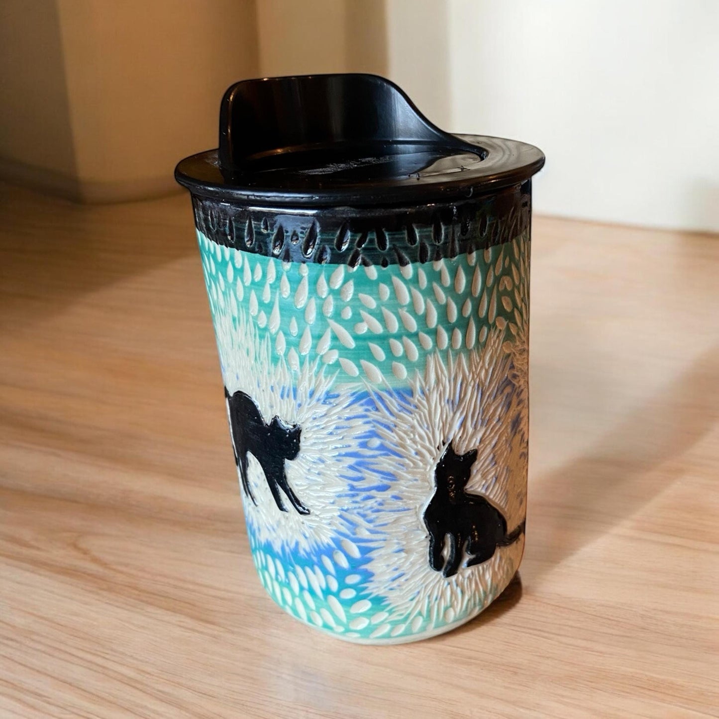 Handmade 8 Ounce Carved Cat Themed Travel Mug - Porcelain -  Travel Coffee Cup -  Travel Mug - Pottery Mug - Coffee Mug