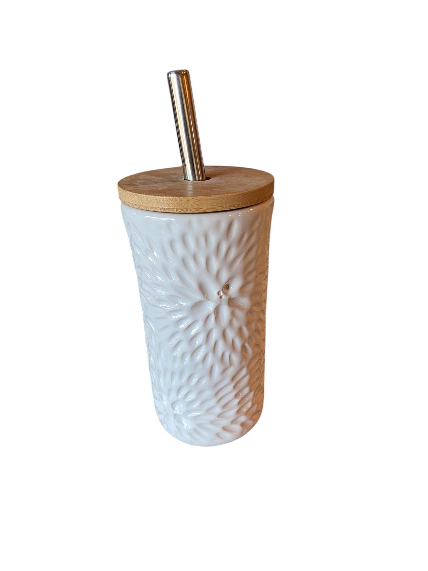 Hand Carved White Porcelain Travel Mug: Wooden Lid & Metal Straw