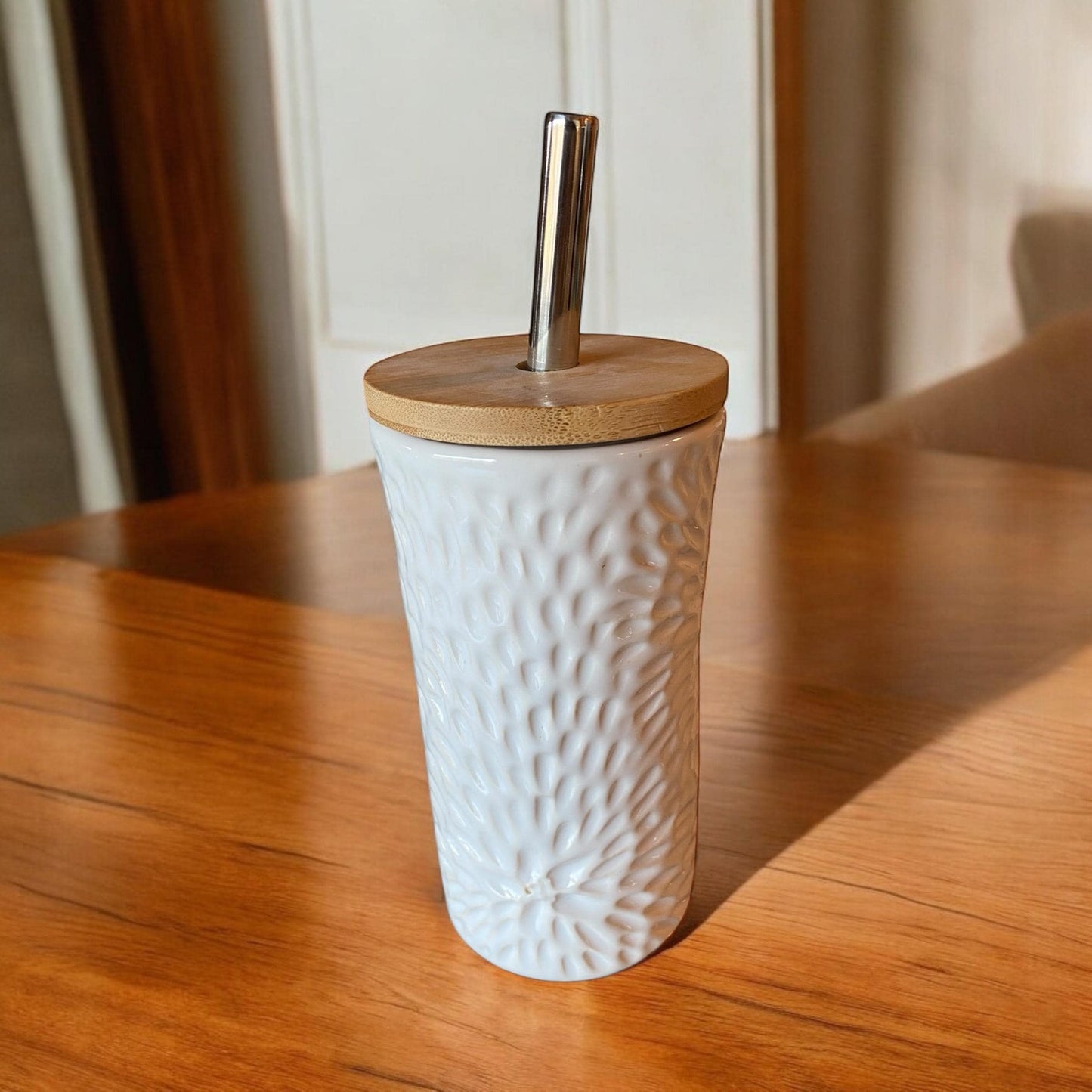 Hand Carved White Porcelain Travel Mug: Wooden Lid & Metal Straw