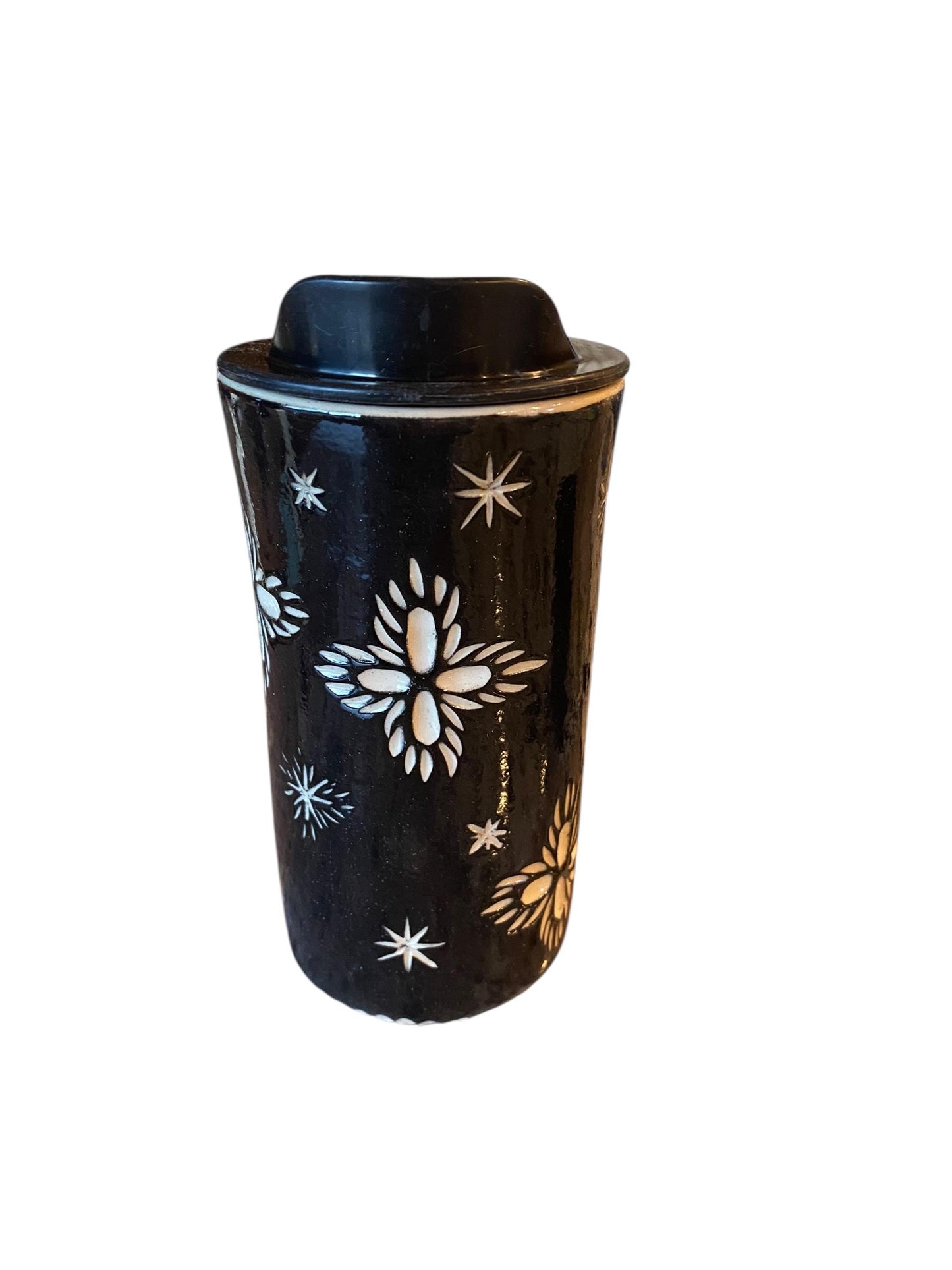 Handmade Hand Carved Black Snow Flake Travel Mug - Porcelain -  To Go Cup -  Travel Mug - Pottery Mug -  Mug