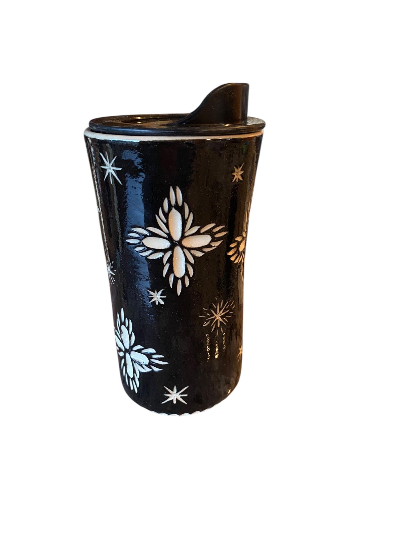 Handmade Hand Carved Black Snow Flake Travel Mug - Porcelain -  To Go Cup -  Travel Mug - Pottery Mug -  Mug