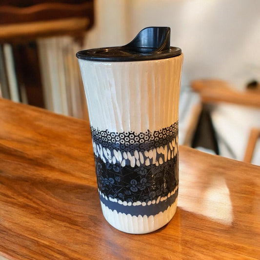 Handmade Hand Carved Black Travel Mug - Porcelain -  To Go Cup -  Travel Mug - Pottery Mug -  Mug