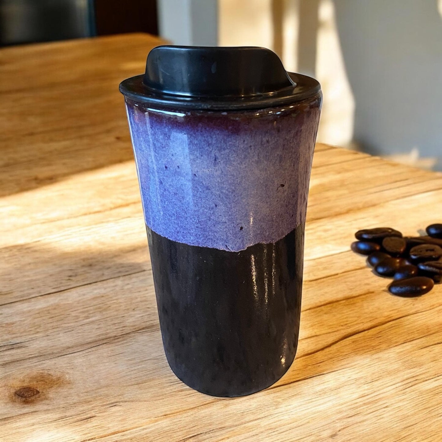 Handmade purple and black  Travel Mug - Porcelain -  Travel Coffee Cup -  Travel Mug - Pottery Mug - Coffee Mug