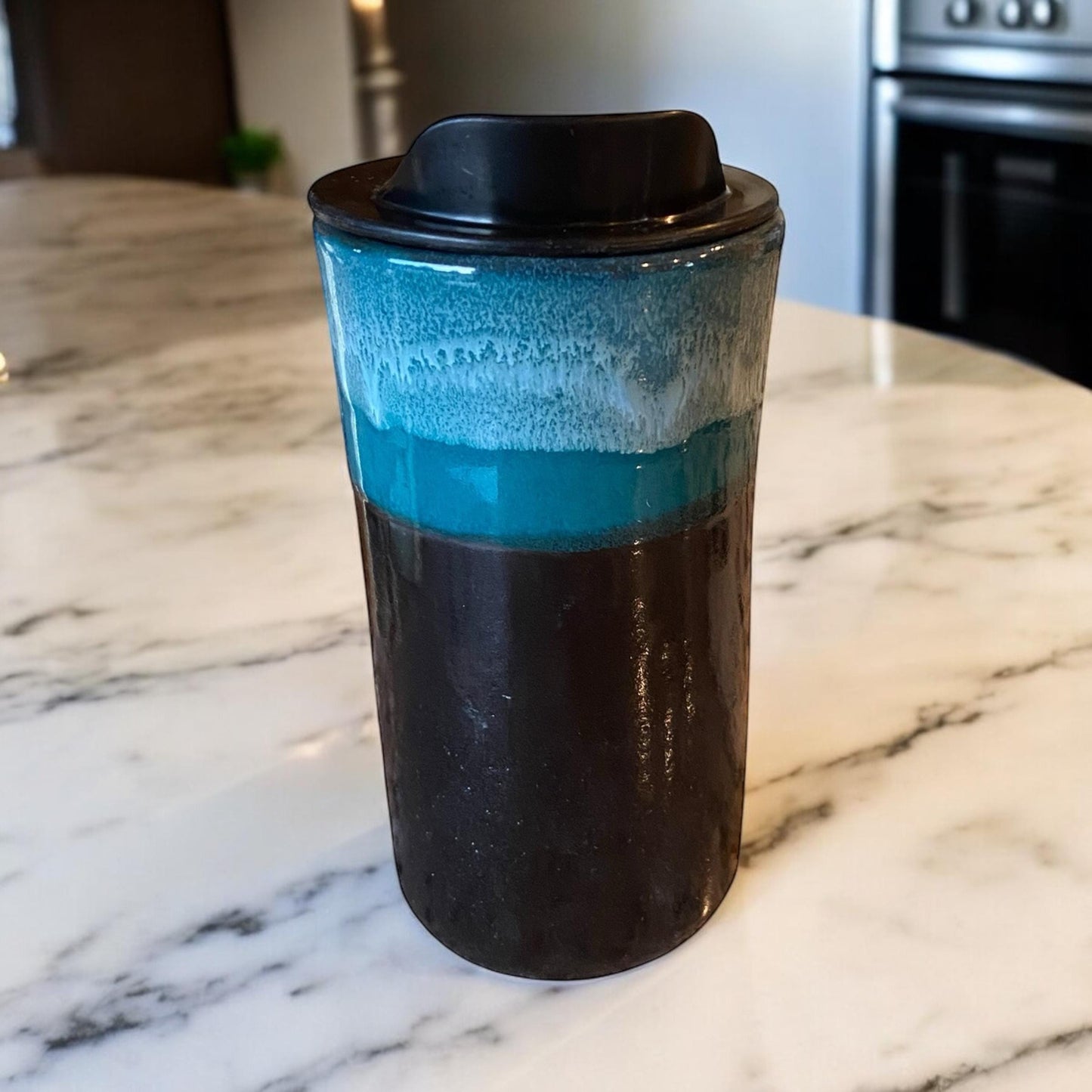 Handcrafted Turquoise & Black Porcelain Travel Mug - 16oz Ceramic Tumbler for Coffee and Tea