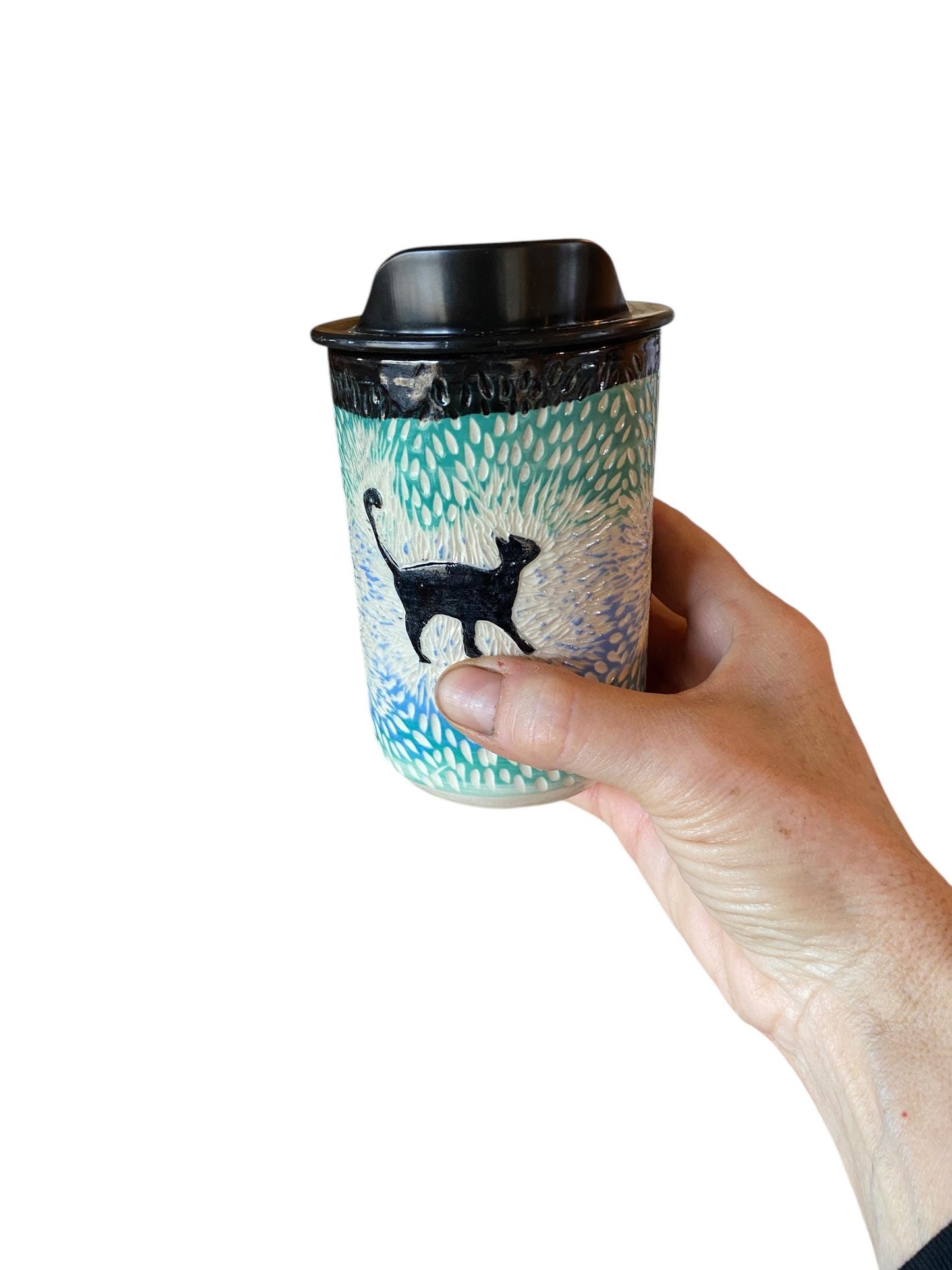 Handmade 8 Ounce Carved Cat Themed Travel Mug - Porcelain -  Travel Coffee Cup -  Travel Mug - Pottery Mug - Coffee Mug