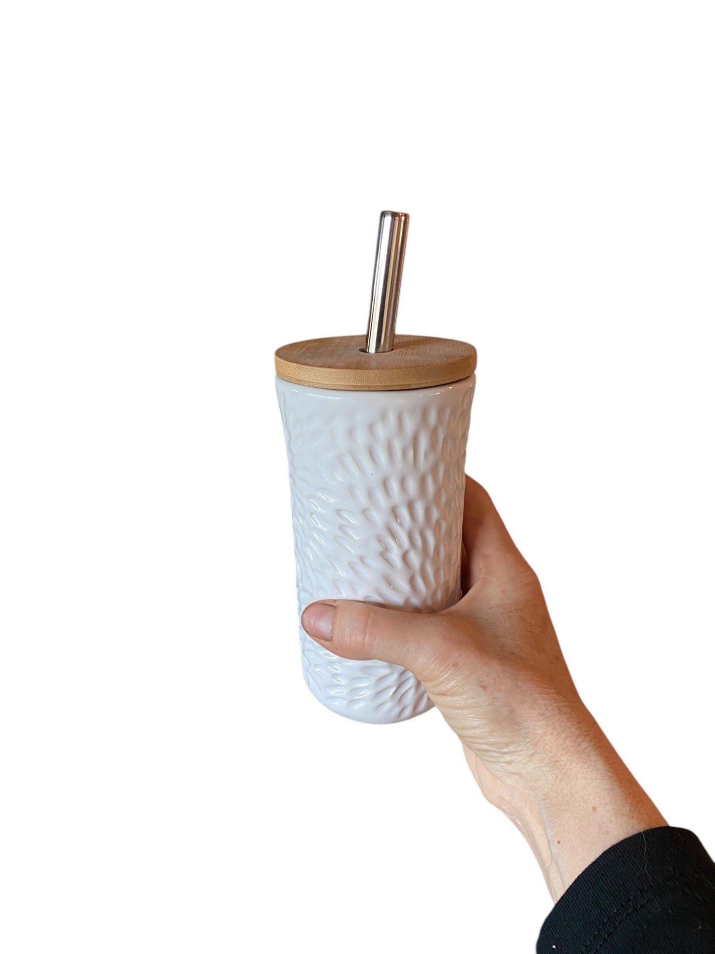 Hand Carved White Porcelain Travel Mug: Wooden Lid & Metal Straw