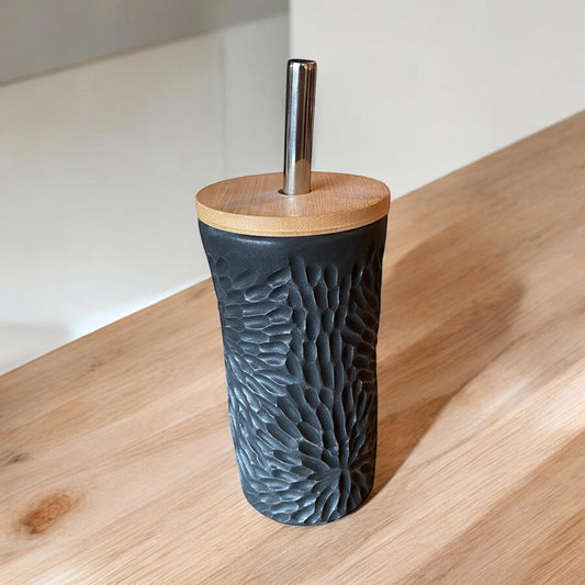 Handmade Hand Carved Black Straw Travel Mug - Porcelain -  To Go Cup -  Travel Mug - Pottery Mug -  Mug