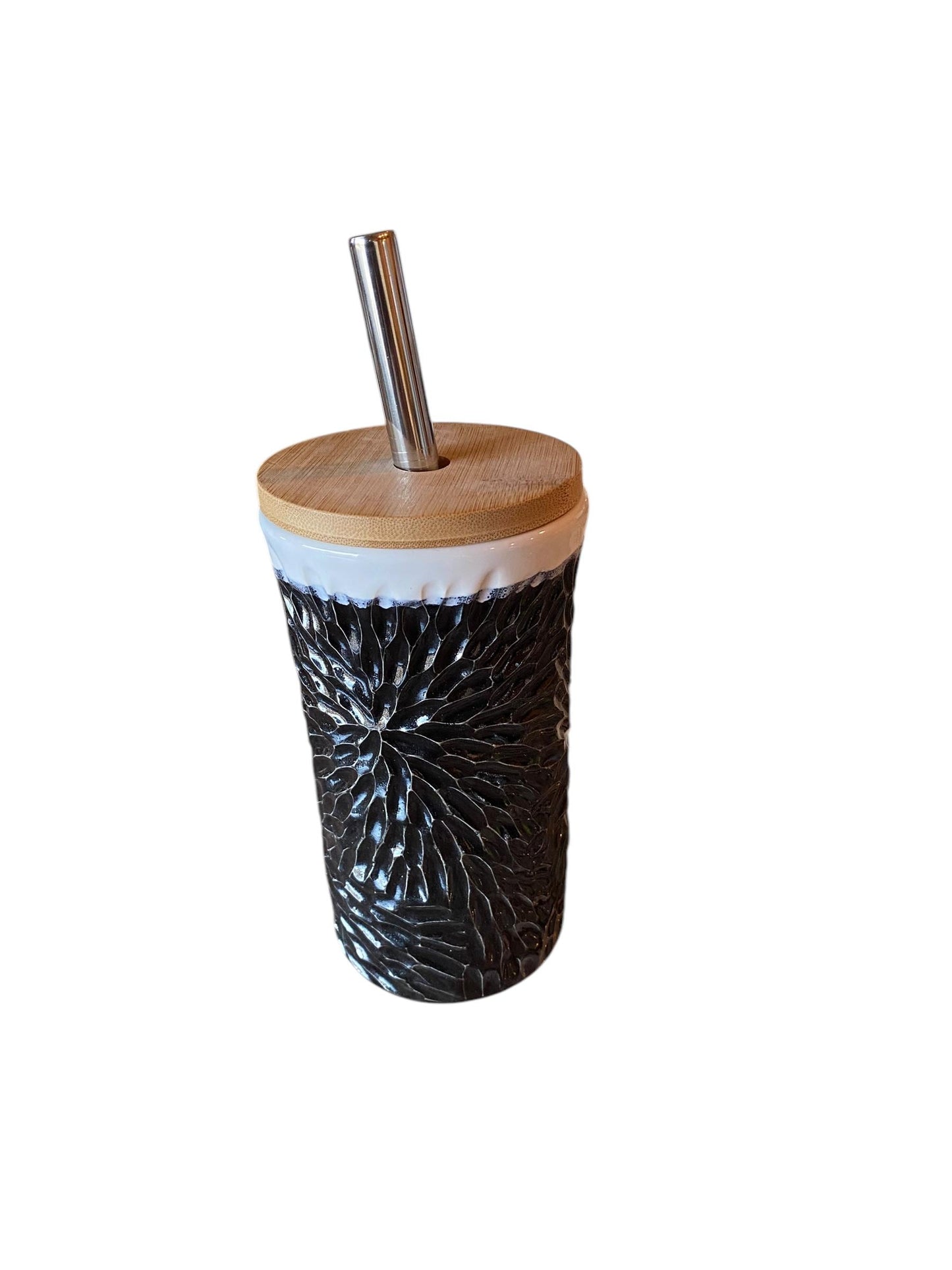 Handmade Hand Carved White and Black Straw Travel Mug - Porcelain -  To Go Cup -  Travel Mug - Pottery Mug -  Mug