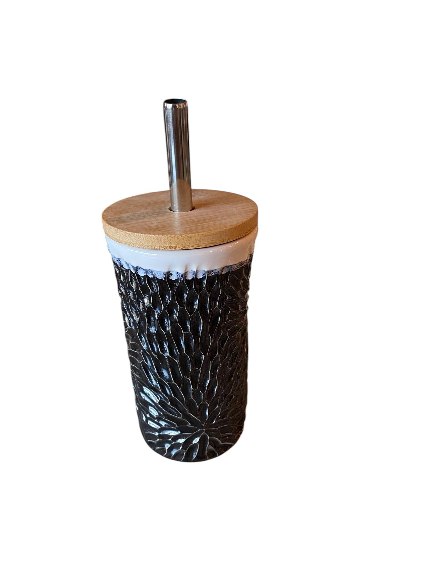 Handmade Hand Carved White and Black Straw Travel Mug - Porcelain -  To Go Cup -  Travel Mug - Pottery Mug -  Mug