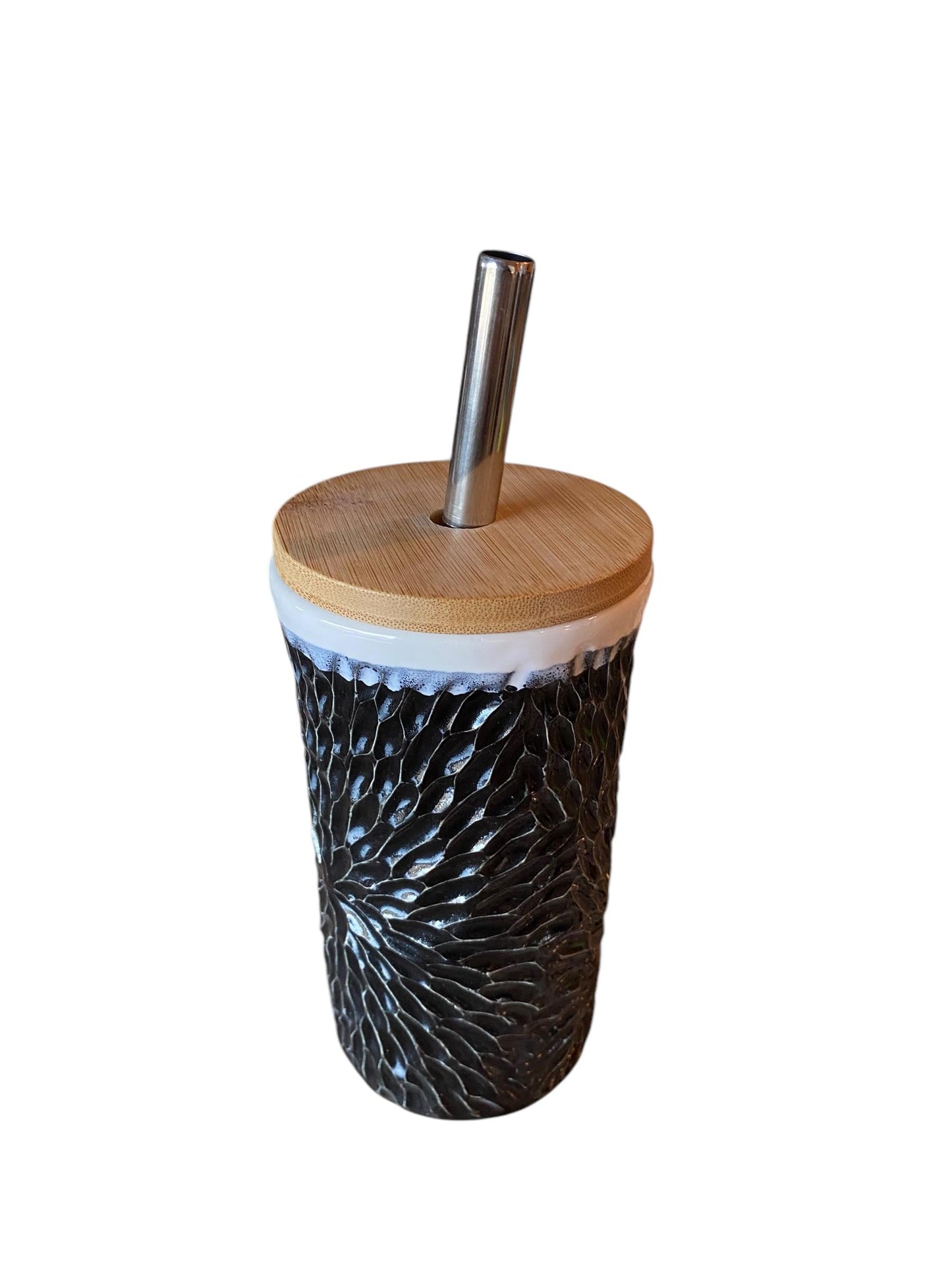 Handmade Hand Carved White and Black Straw Travel Mug - Porcelain -  To Go Cup -  Travel Mug - Pottery Mug -  Mug