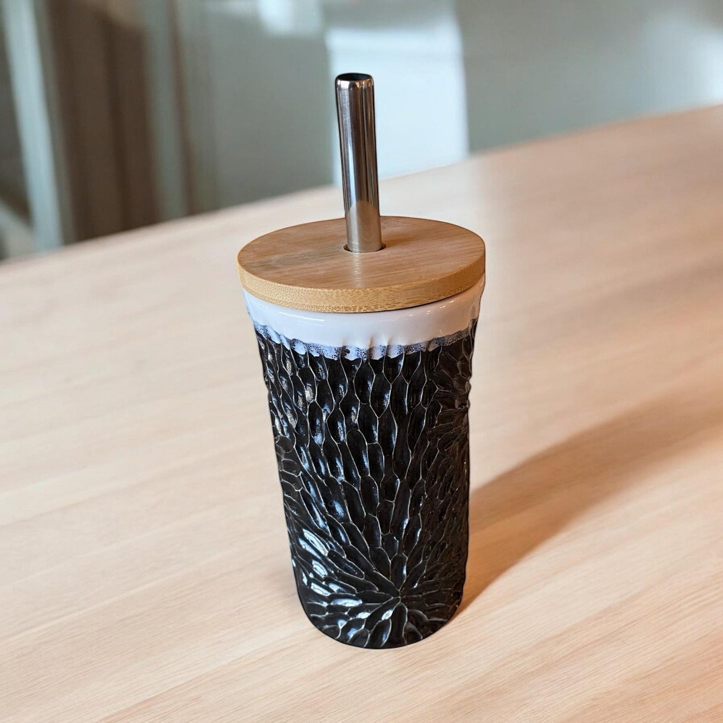 Handmade Hand Carved White and Black Straw Travel Mug - Porcelain -  To Go Cup -  Travel Mug - Pottery Mug -  Mug