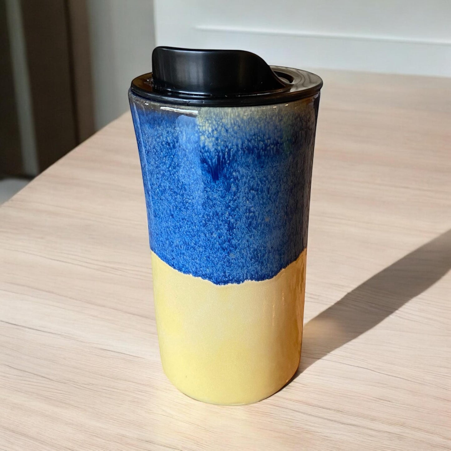 Handmade Blue and Yellow Travel Mug - Porcelain -  Travel Coffee Cup -  Travel Mug - Pottery Mug - Coffee Mug