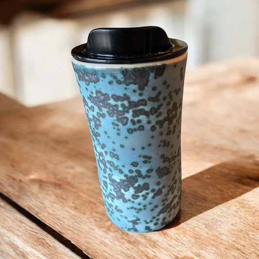 Handmade Turquoise and Black Travel Mug - Porcelain -  Travel Coffee Cup -  Travel Mug - Pottery Mug - Coffee Mug