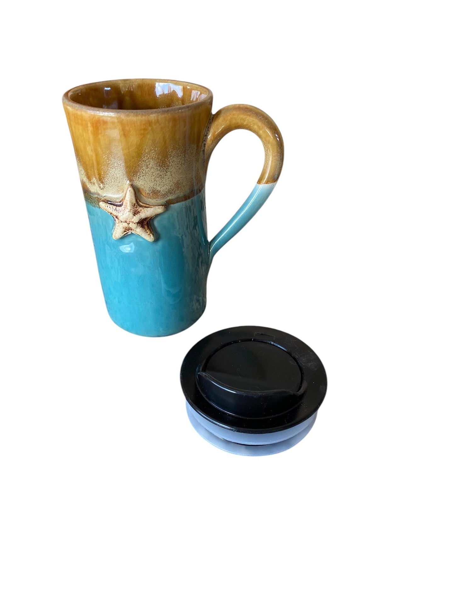 Handmade Beach Starfish Porcelain Travel Mug: Gold Turquoise Glaze