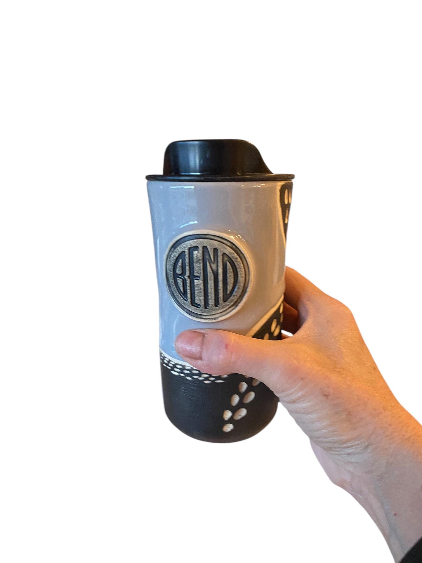 Handmade Carved Bend Logo Porcelain Travel Mug