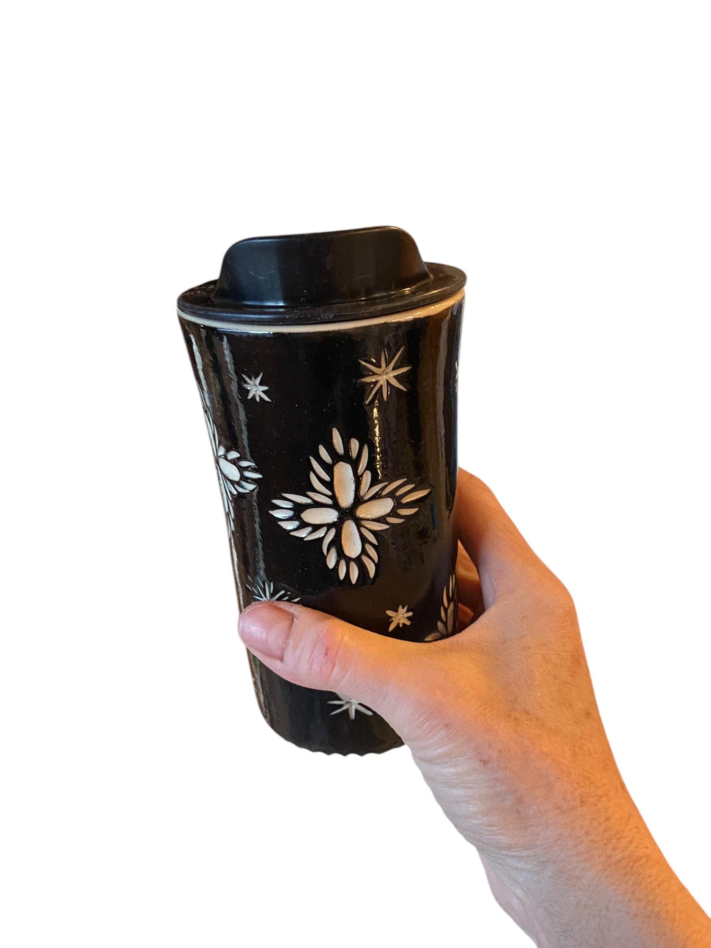 Handmade Hand Carved Black Snow Flake Travel Mug - Porcelain -  To Go Cup -  Travel Mug - Pottery Mug -  Mug