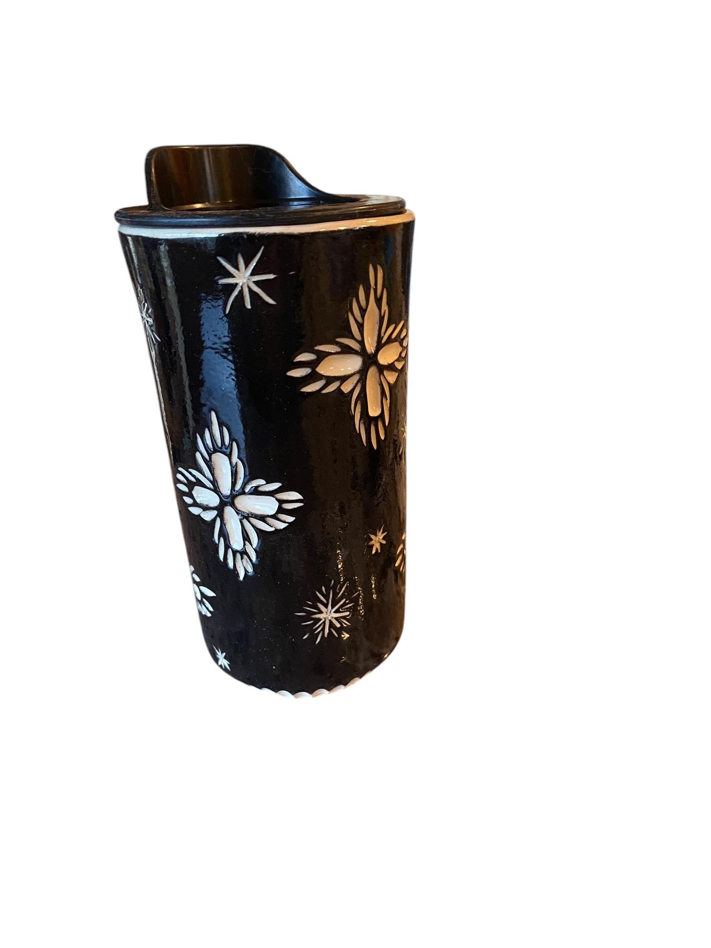 Handmade Hand Carved Black Snow Flake Travel Mug - Porcelain -  To Go Cup -  Travel Mug - Pottery Mug -  Mug