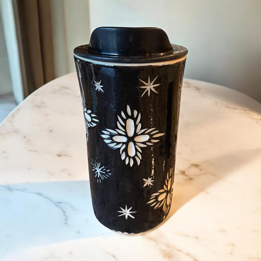 Handmade Hand Carved Black Snow Flake Travel Mug - Porcelain -  To Go Cup -  Travel Mug - Pottery Mug -  Mug